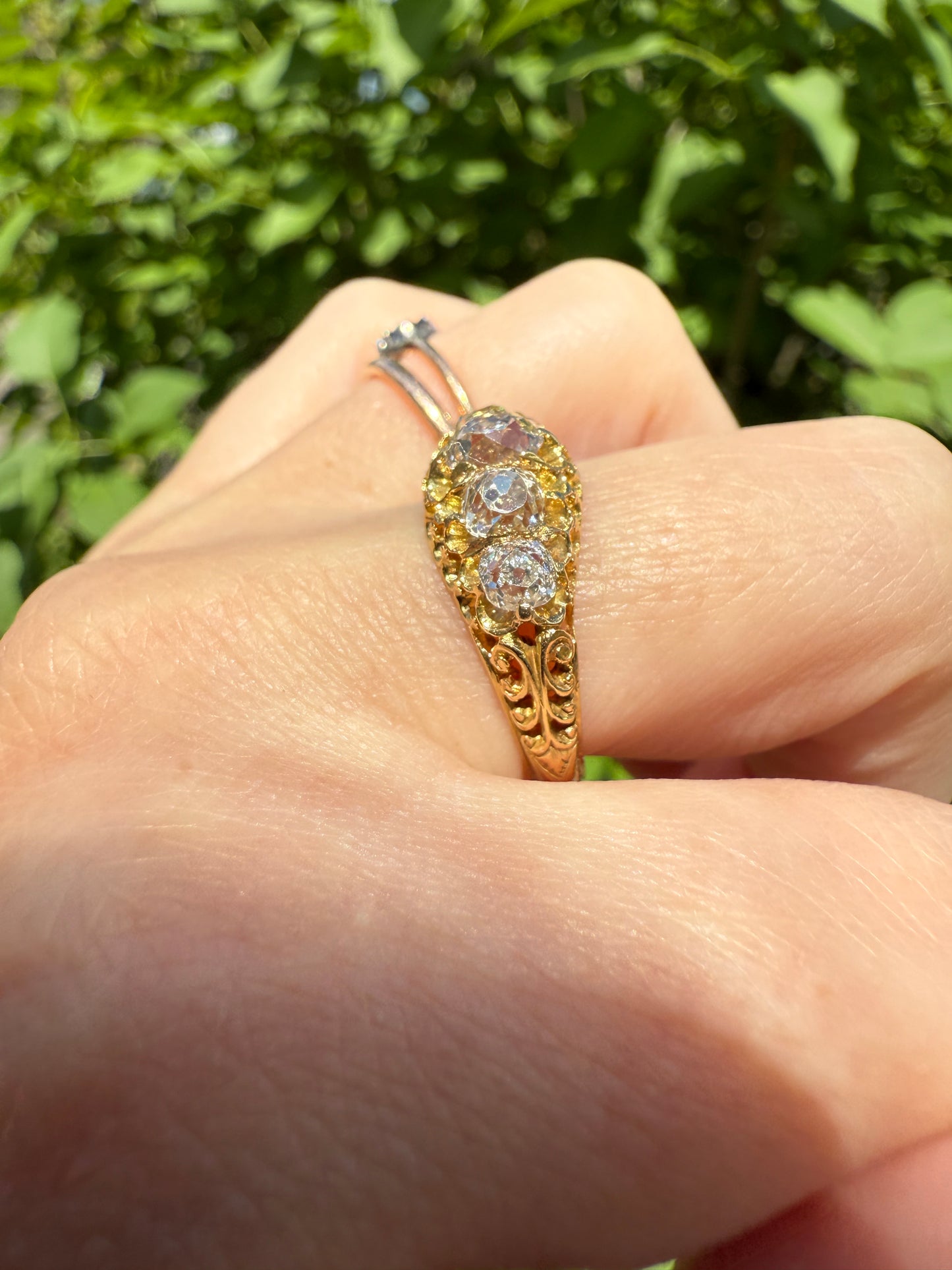 Most Ornate Victorian Antique Chunky Five Stone 1.8 Carat Old Mine Cut Diamond Band 18k Gold Ring Stacker Crown Prongs