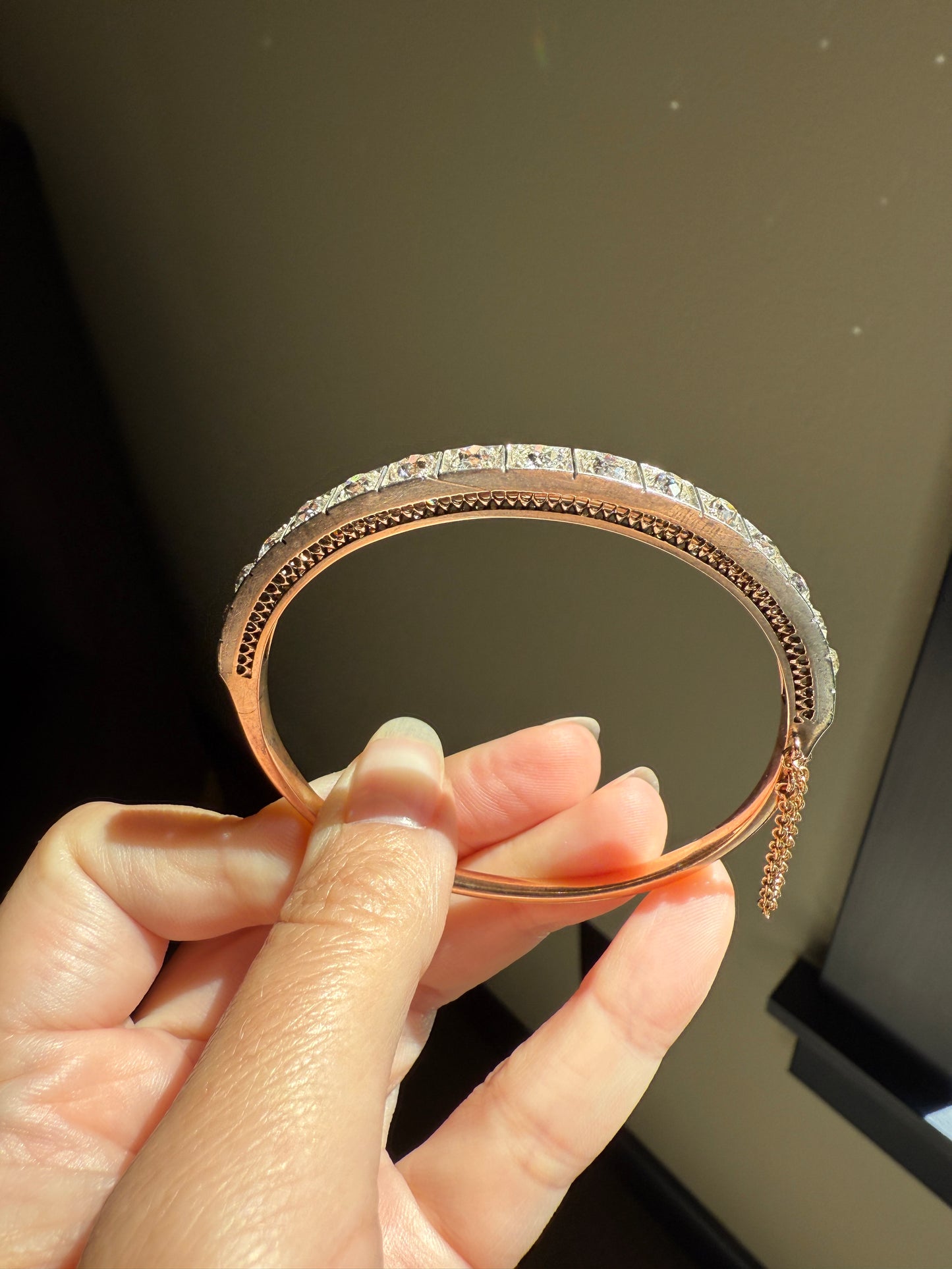 Antique 6.5 CARAT Old Mine Cut DIAMOND Hinged Bangle Line Bracelet 18k Gold Silver Top