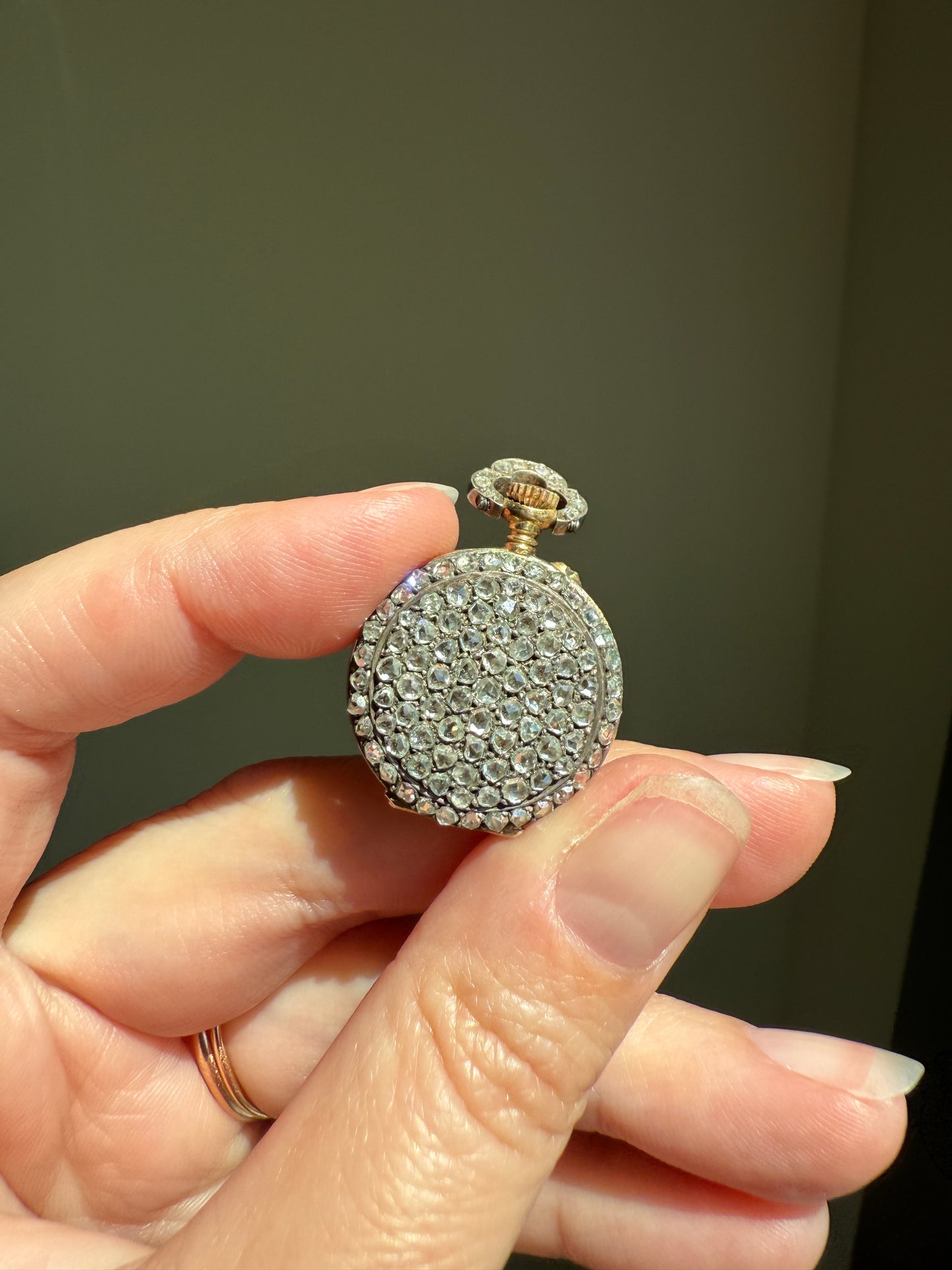 ENTIRELY DIAMOND Encrusted French VICTORIAN Era Chunky Rose Cut Diamond Antique 18k Gold Silver Pocket Watch Case Pendant Locket Rare Gift