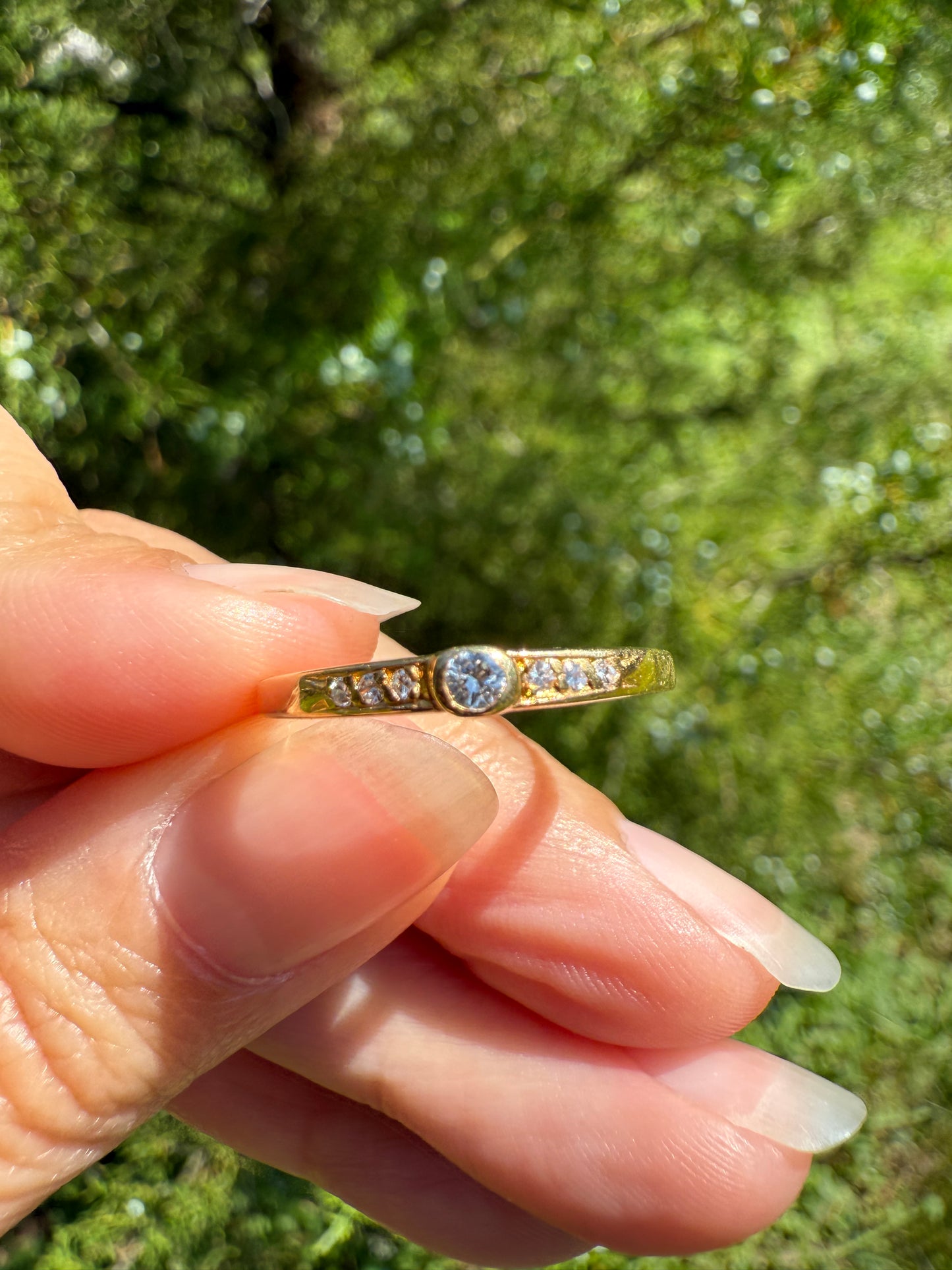 Bezel Set Vintage Skinny Band 18k Gold Solid Stacker Ring Geometric Single Cut Diamonds Seven Stone Skinniest Dainty Minimalist