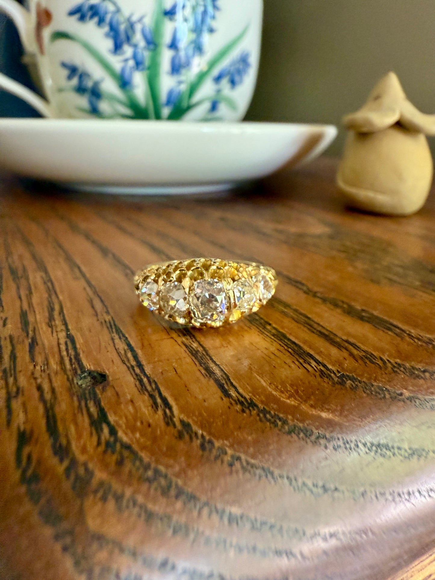 Most Ornate Victorian Antique Chunky Five Stone 1.8 Carat Old Mine Cut Diamond Band 18k Gold Ring Stacker Crown Prongs
