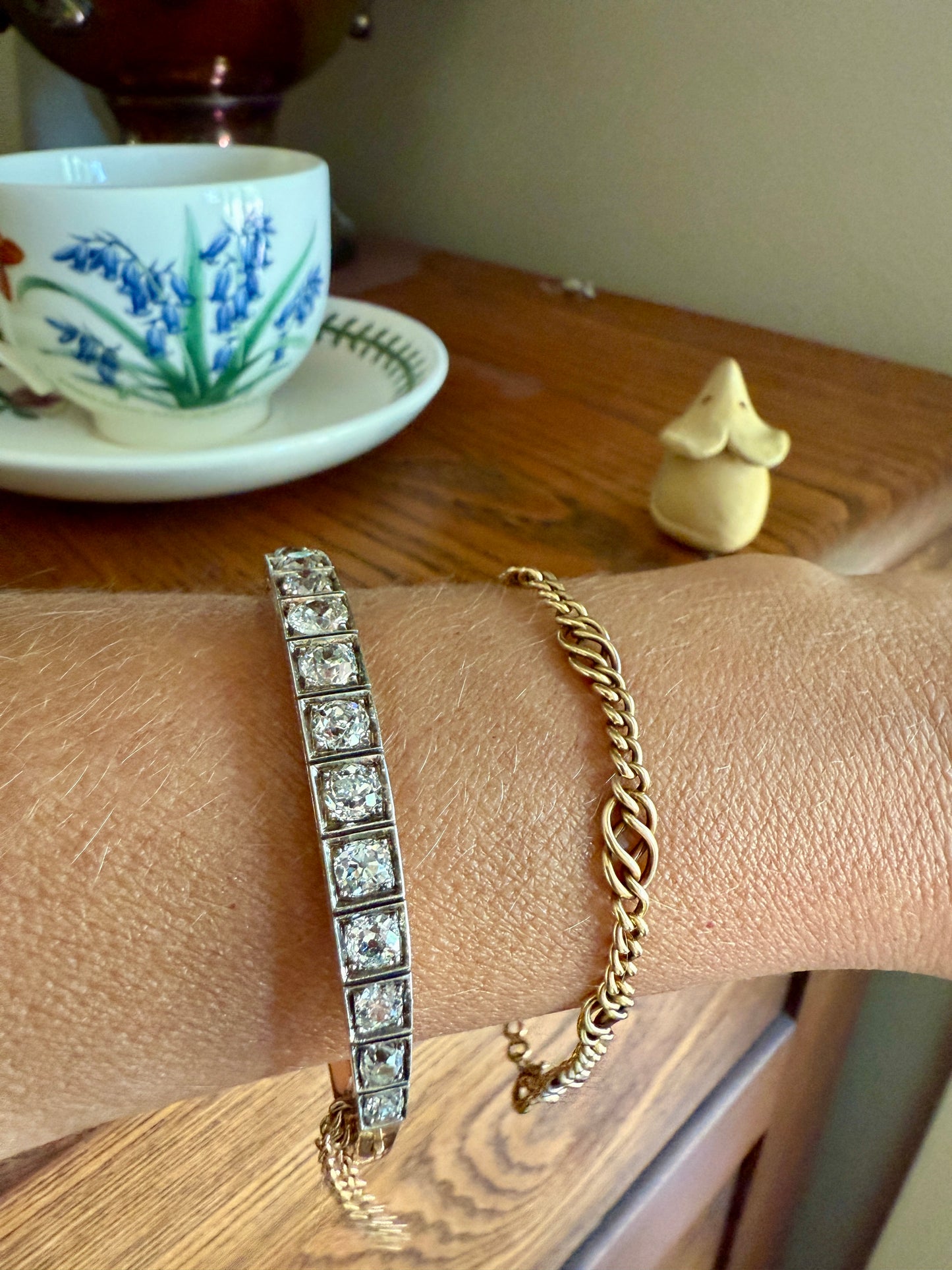 Antique 6.5 CARAT Old Mine Cut DIAMOND Hinged Bangle Line Bracelet 18k Gold Silver Top