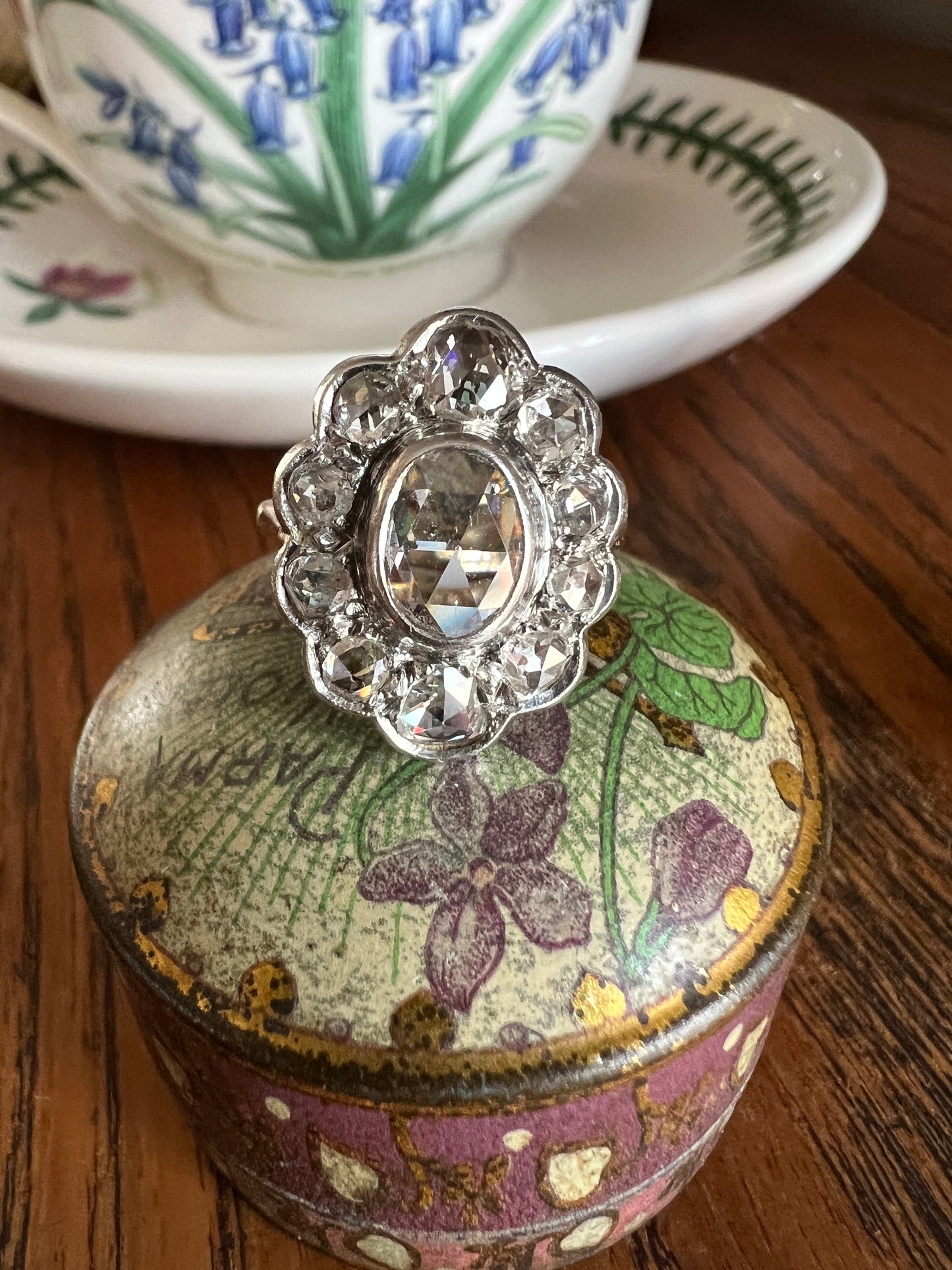 XL French Antique Open Back Oval Rose Cut DIAMOND Clear Disco Daisy Cluster Ring Victorian 18k Gold Platinum