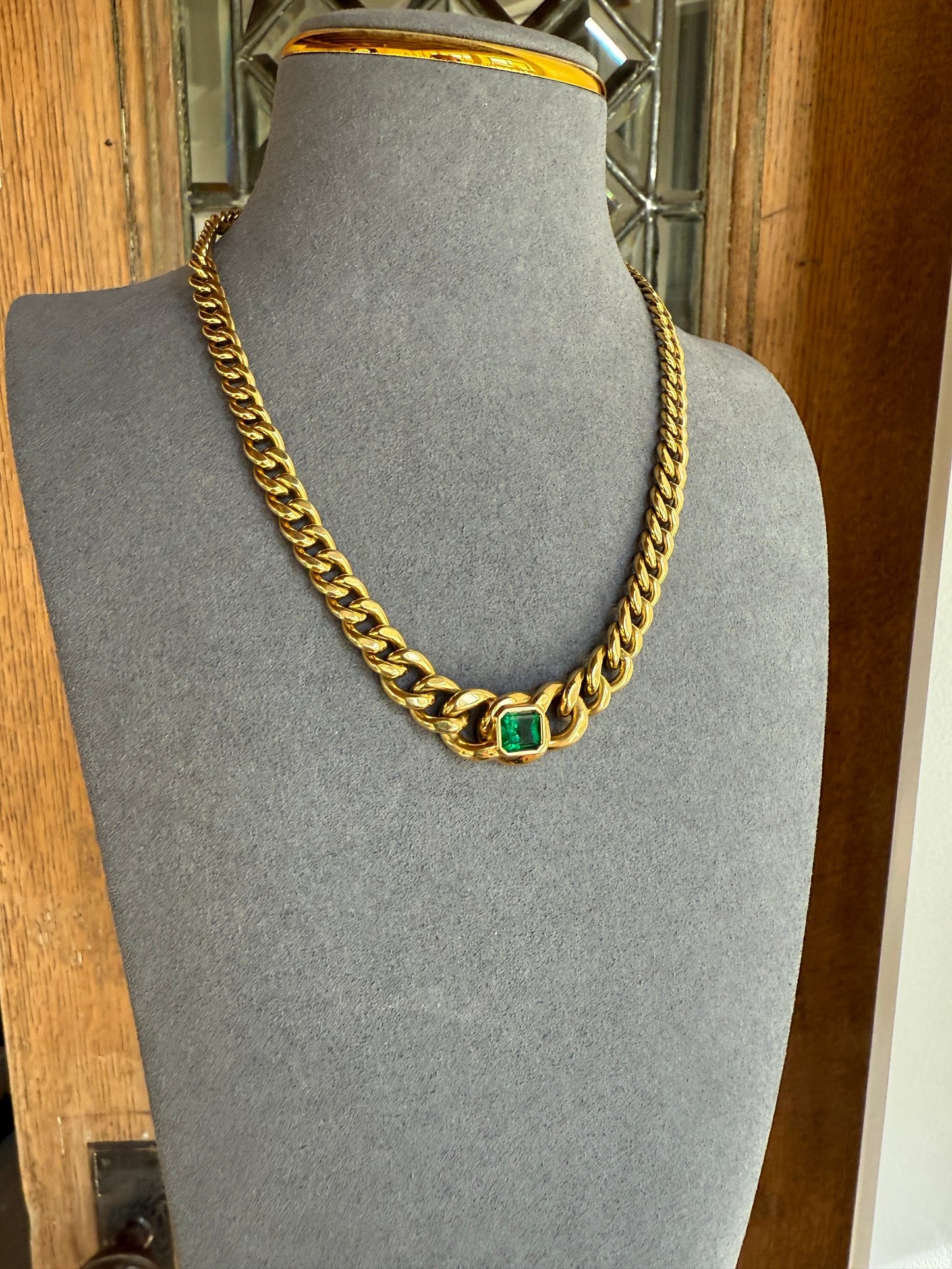 Vintage 26g 18k Gold Natural EMERALD French Curb Chain DATED Cert & ORIGINAL Gouache Drawing Design Heavy Unisex Chunky Green