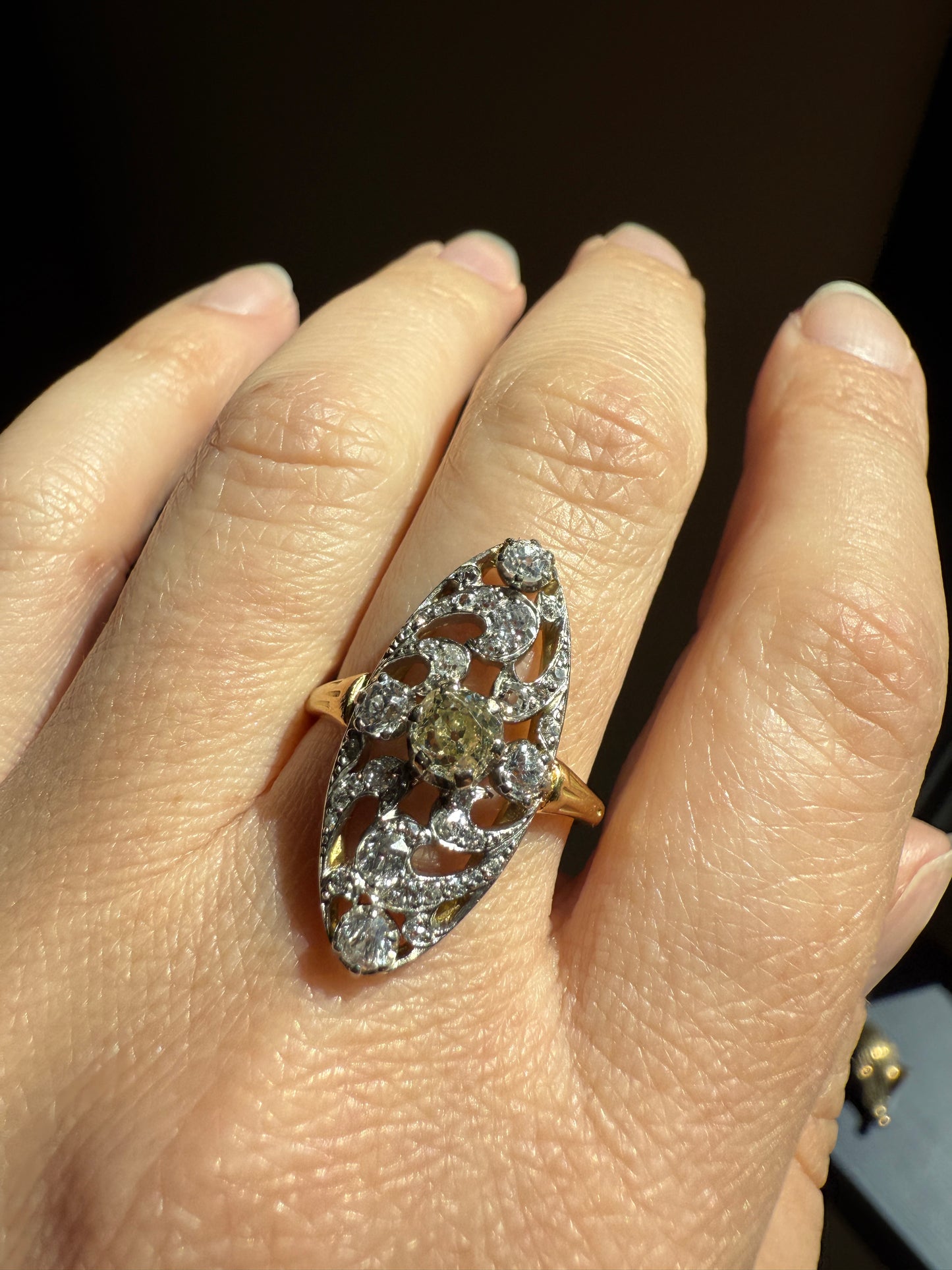 Ornate 1 Carat + French Belle Epoque Oval Old Mine Rose Cut Diamond Pale Light Yellow Center 18k Gold Platinum Scroll