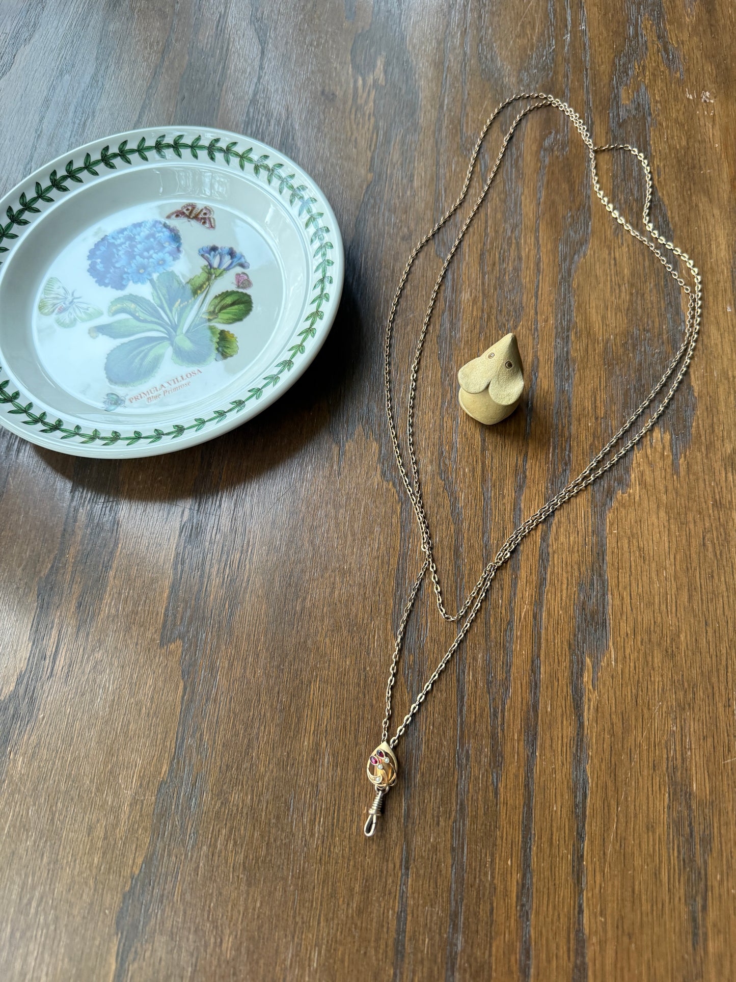 Victorian Art Nouveau Warm Rosy Gold Fill Long Guard Muff Watch Chain Necklace with Swirl Marquise Paste Ruby & Seed Pearl Slide