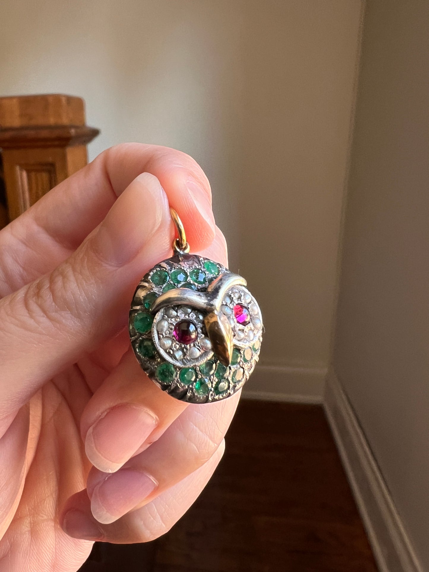 OWL Figural ANTIQUE 9g 22k Gold Silver Collet Set Natural Green EMERALDS Pink Tourmaline Pearl Eyes Pendant Charm Victorian