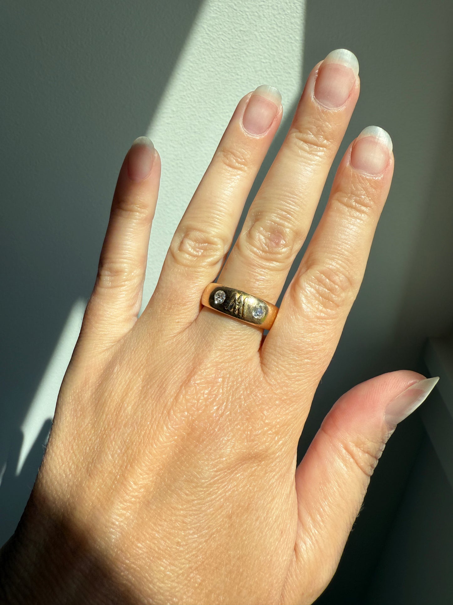Heavy AM W Old Mine Cut Diamond Gypsy Ring 9.3g 18k Gold Band Solid Chunky Figural Initial Monogram Ring Stacker Man Or Unisex .4 Carat OMC