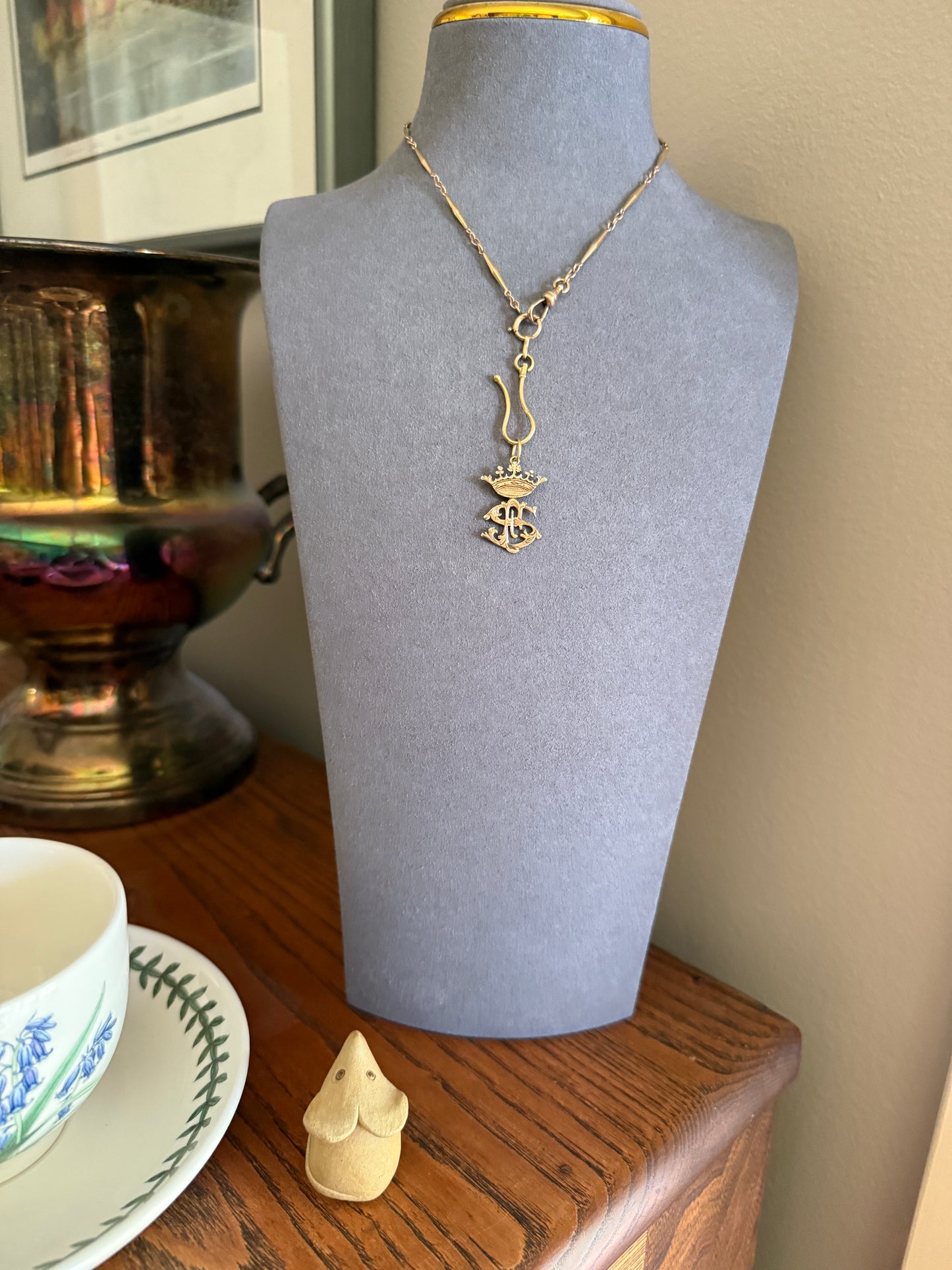 CROWN Figural Initial Pendant S E or F ? Solid Silver Vermeil Gold Plated Front Unique Charm Hand Engraved Openwork Detail