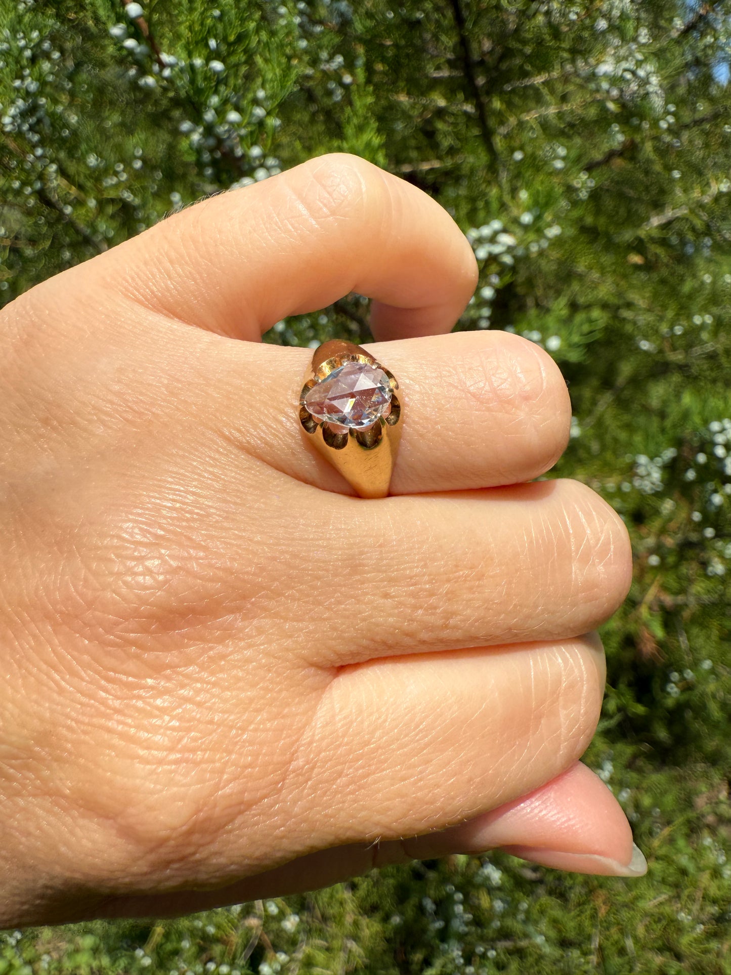 Special PEAR Open Back Rose Cut DIAMOND Original Antique Solitiare 18k Gold Buttercup Belcher Glowing Setting