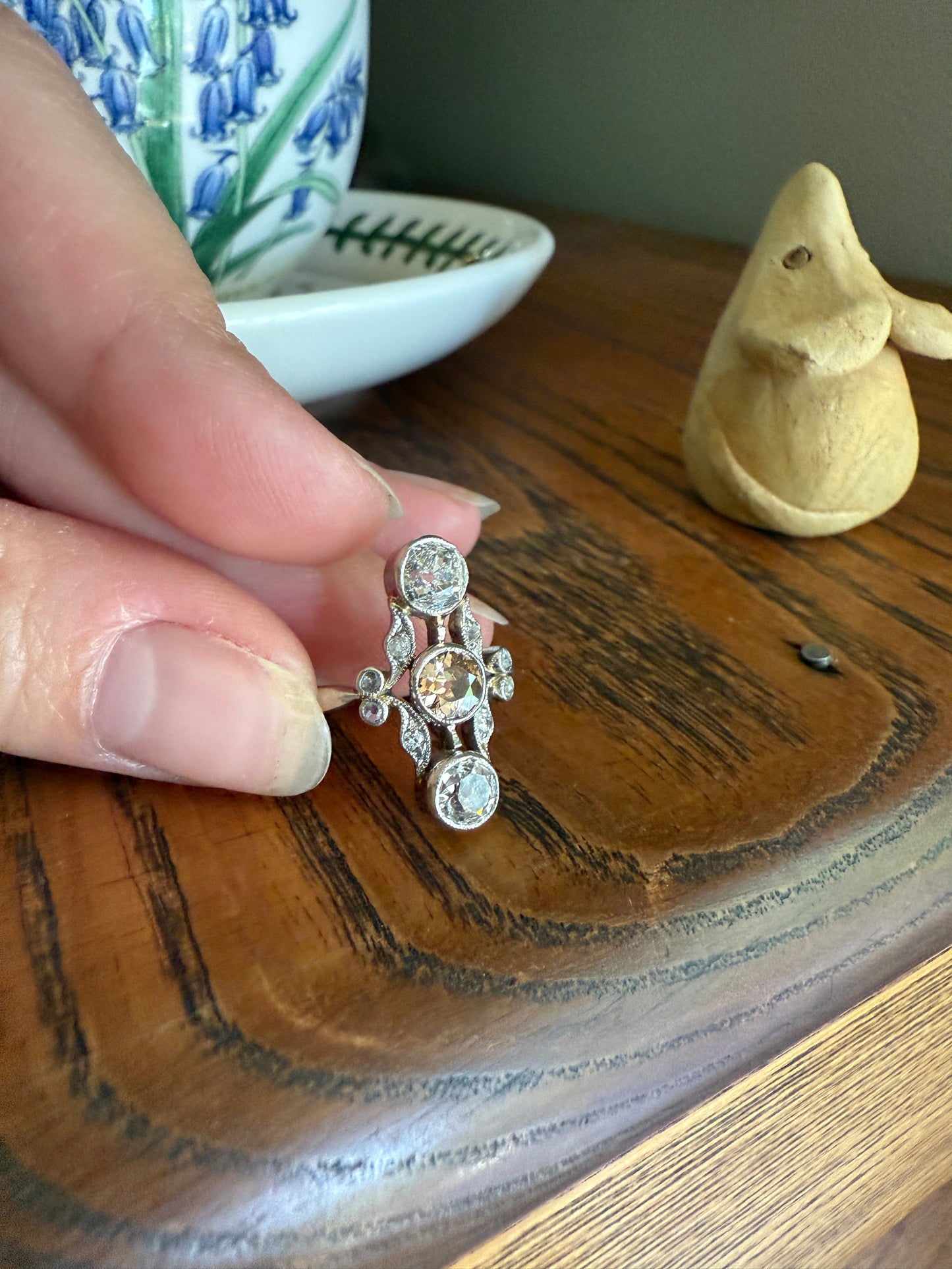 ORNATE Belle Epoque Antique 1.6 Carat Tdw Champagne Fancy Light Brown & White Three Stone Old Mine Cut Diamond Platinum Navette Ring Oval Victorian French