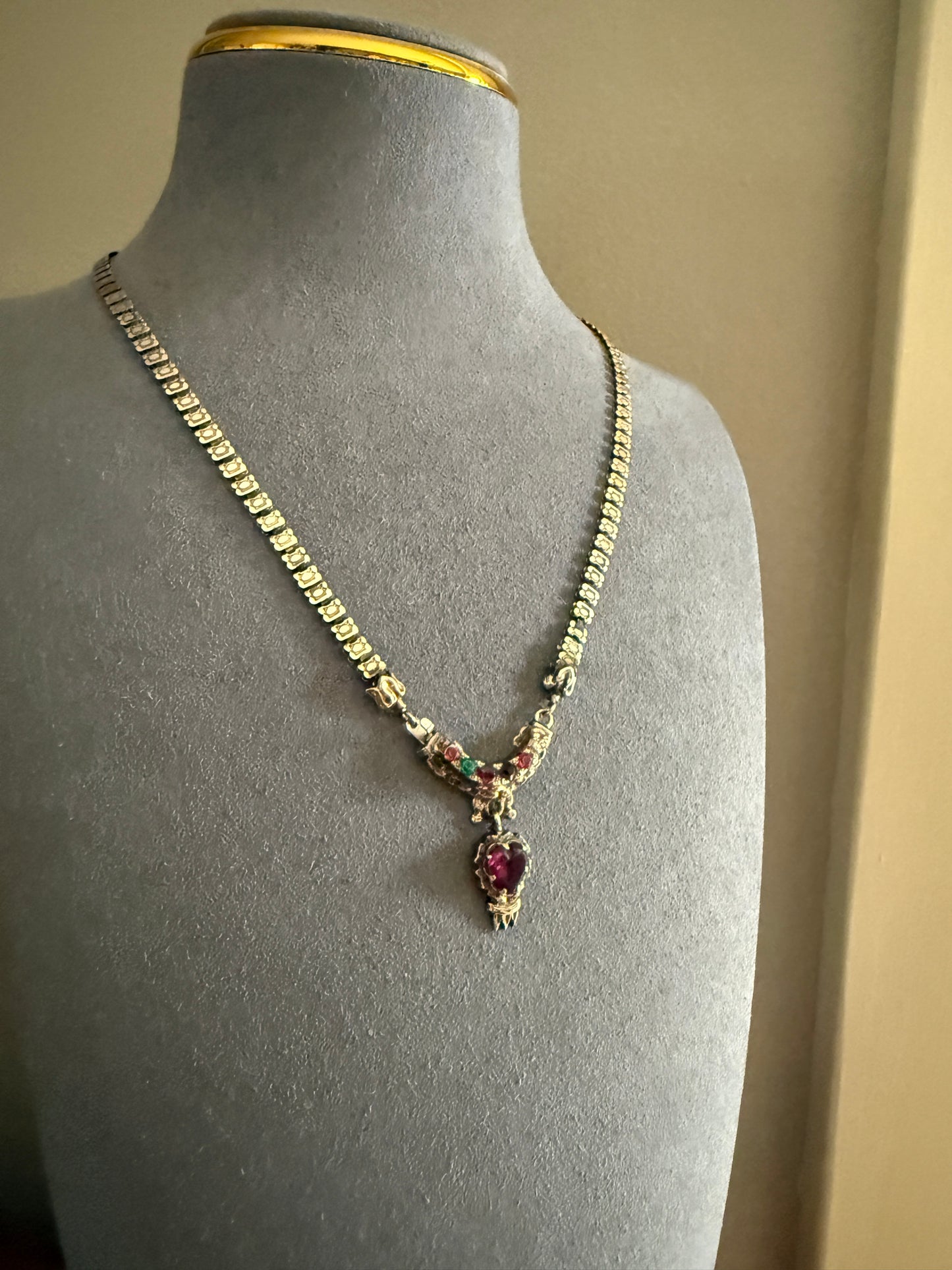 REGARD Old Mine Cut Diamond Amethyst Garnet Paste HEART Antique VICTORIAN Book Chain Necklace Pendant 10k Pale Gold