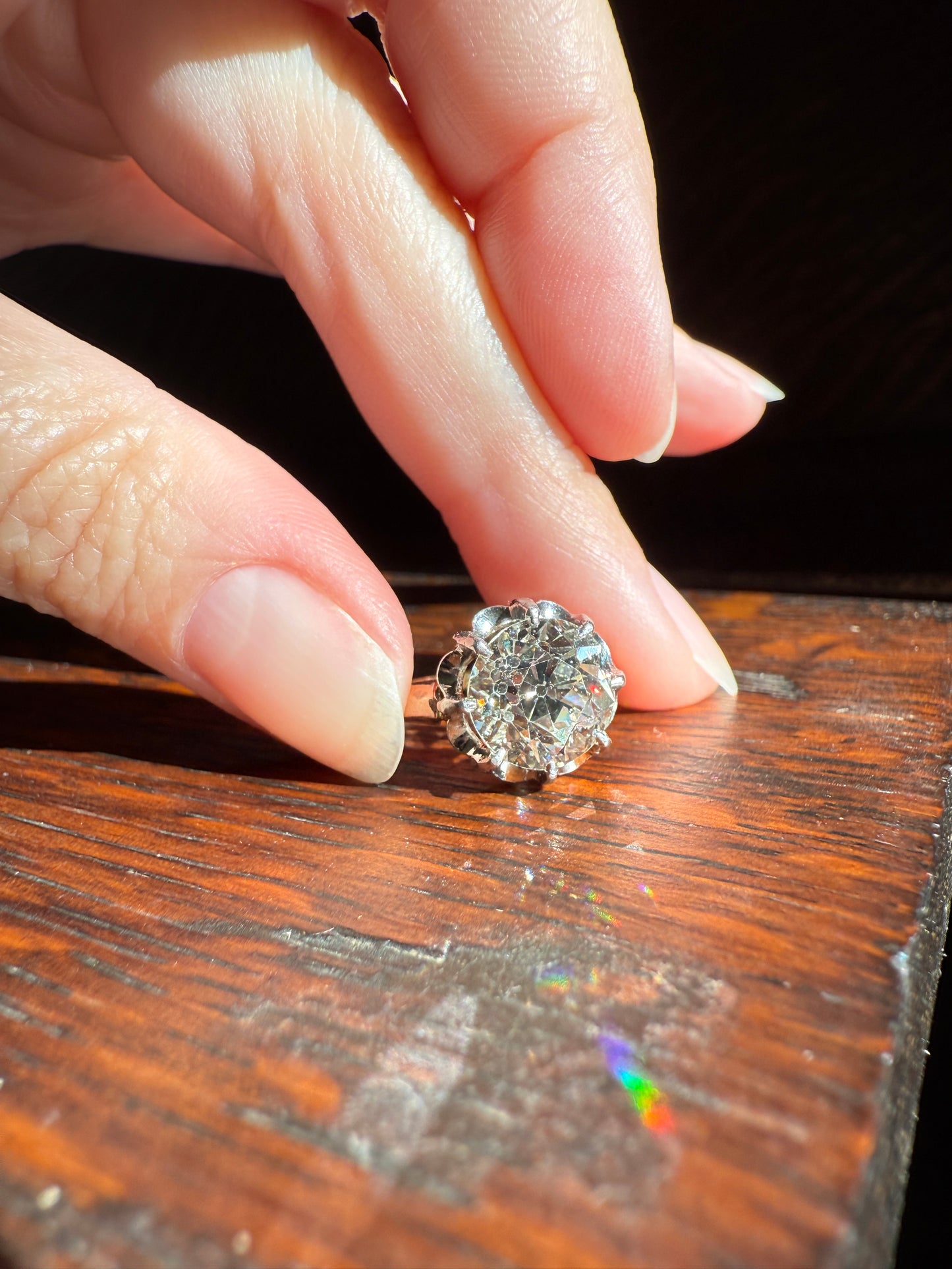 Special French Original Antique 3.5 CARAT Old European Cut DIAMOND Eye Clean Solitaire Engagement Ring 18k Rosy Gold Platinum Fiery OEC