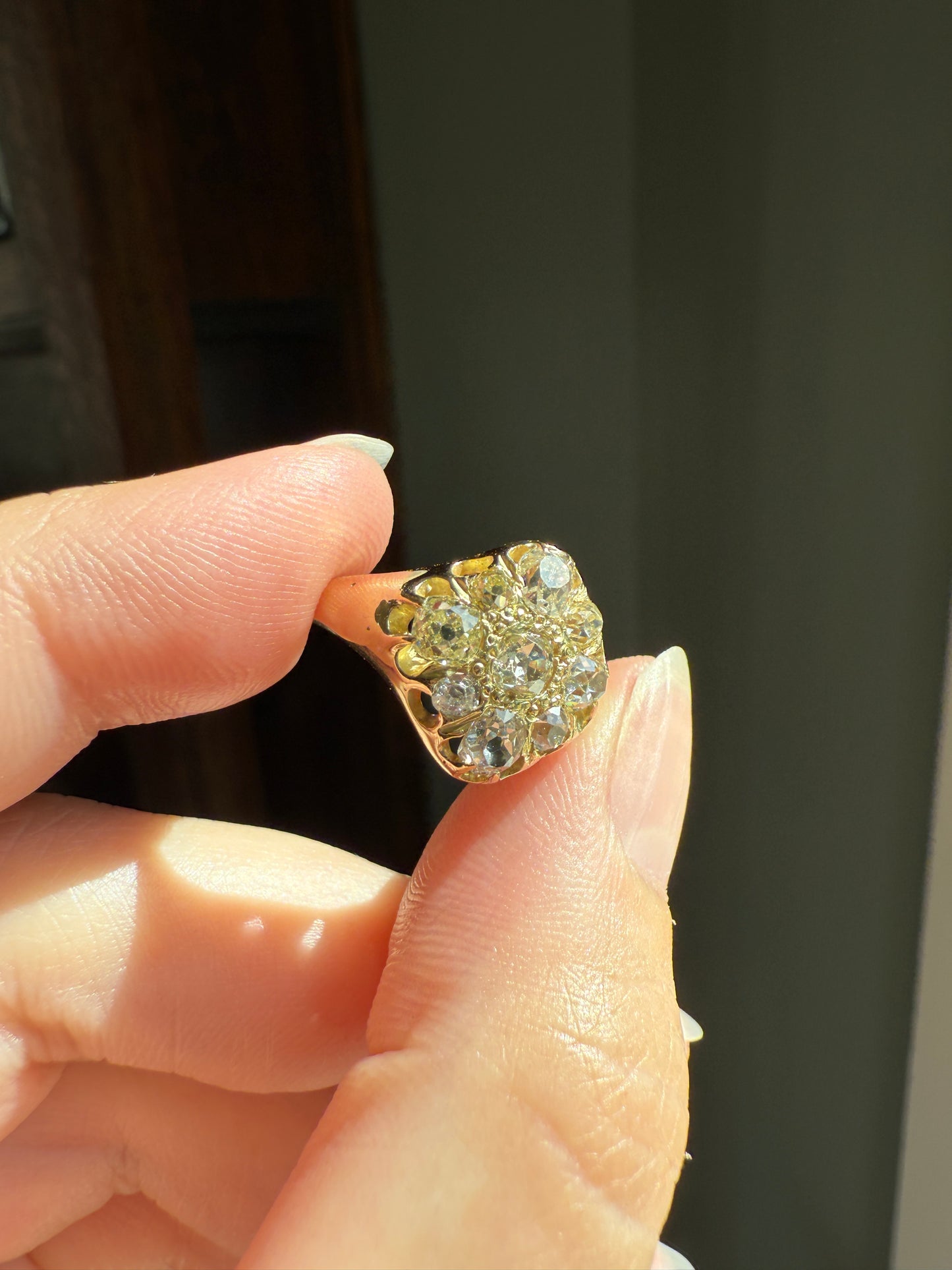 CHUNKY 1.2 Carat Old Mine Cut DIAMOND Cluster Ring 15k Gold Delicious Pale Yellow Nine Stone Cruciform Halo Belcher Buttercup 1.2Ctw OMC