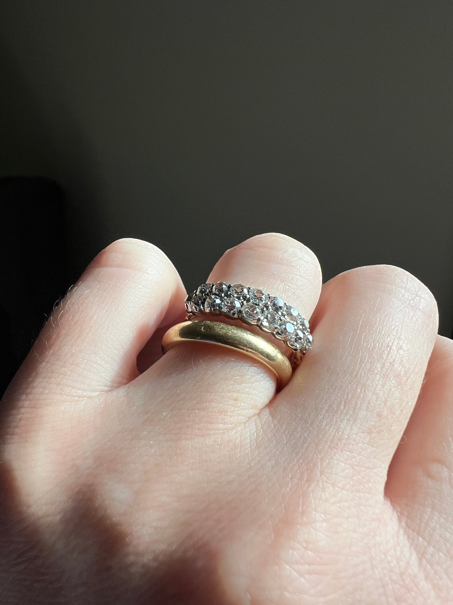 Antique 1.25 Carat Chunky Old Mine Cut DIAMOND Victorian 14k Gold Silver Double Row Ring Collet Set Band Romantic Gift Stacker 1.25ctw OMC