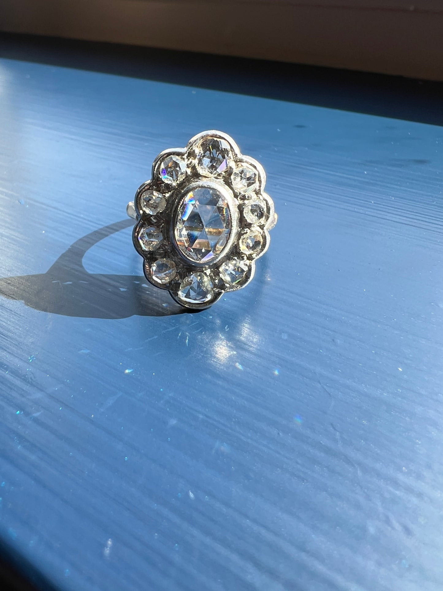 XL French Antique Open Back Oval Rose Cut DIAMOND Clear Disco Daisy Cluster Ring Victorian 18k Gold Platinum