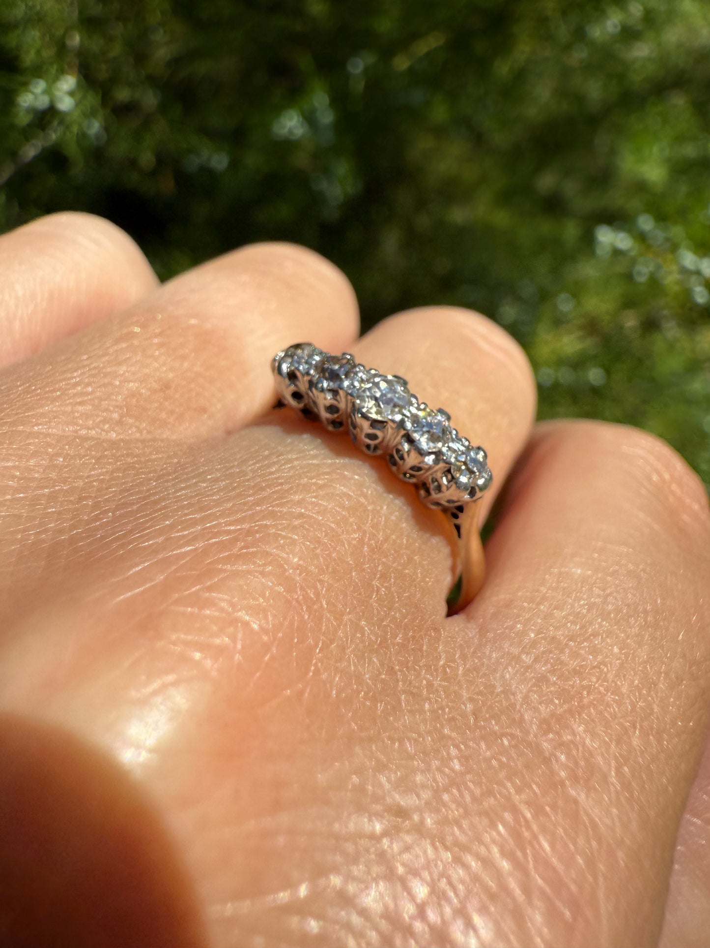 TALL Antique 0.6 Ctw Five Stone Old Mine Cut Diamond 18k Gold Platinum Band OMC Champagne