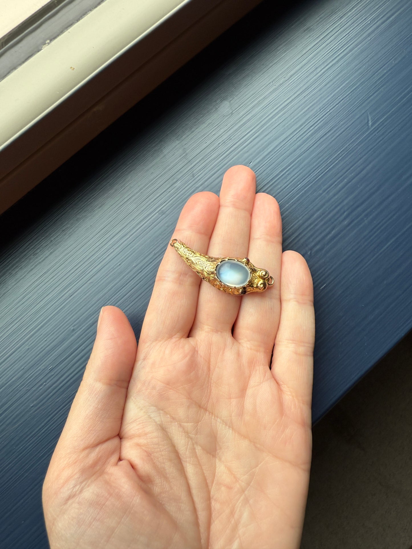 MOONSTONE Smiling SNAKE Large Victorian Antique Pendant CONNECTOR Extender Figural 10k Gold Solid Swivel Engraved Head Garnet Eyes