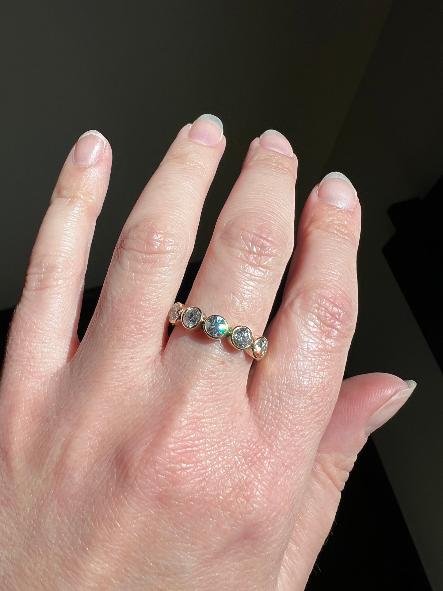 Vintage 1.35 Carat DIAMOND Uniform Five Stone Band Stacker Ring 18k Gold French Wedding Circular Bezel Set Half Hoop