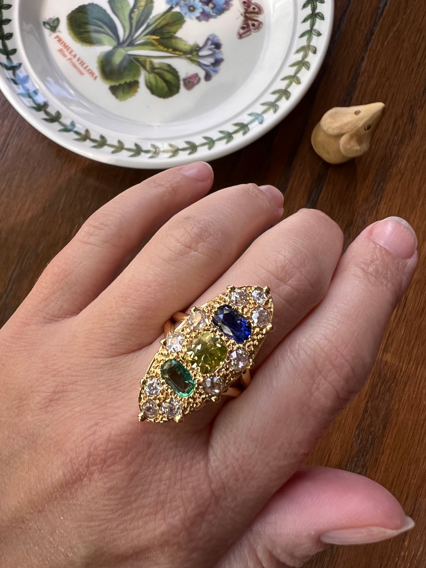 Unique French Vintage Navette Ring 1.25 Carat Antique Eye Clean Fancy Intense Greenish YELLOW Old Mine Cut DIAMOND 2.35 Tdw Emerald Sapphire