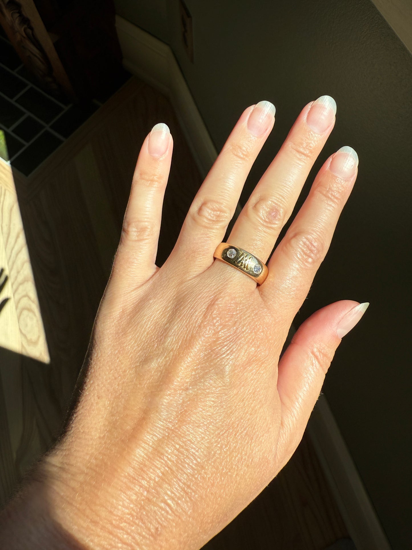 Heavy AM W Old Mine Cut Diamond Gypsy Ring 9.3g 18k Gold Band Solid Chunky Figural Initial Monogram Ring Stacker Man Or Unisex .4 Carat OMC