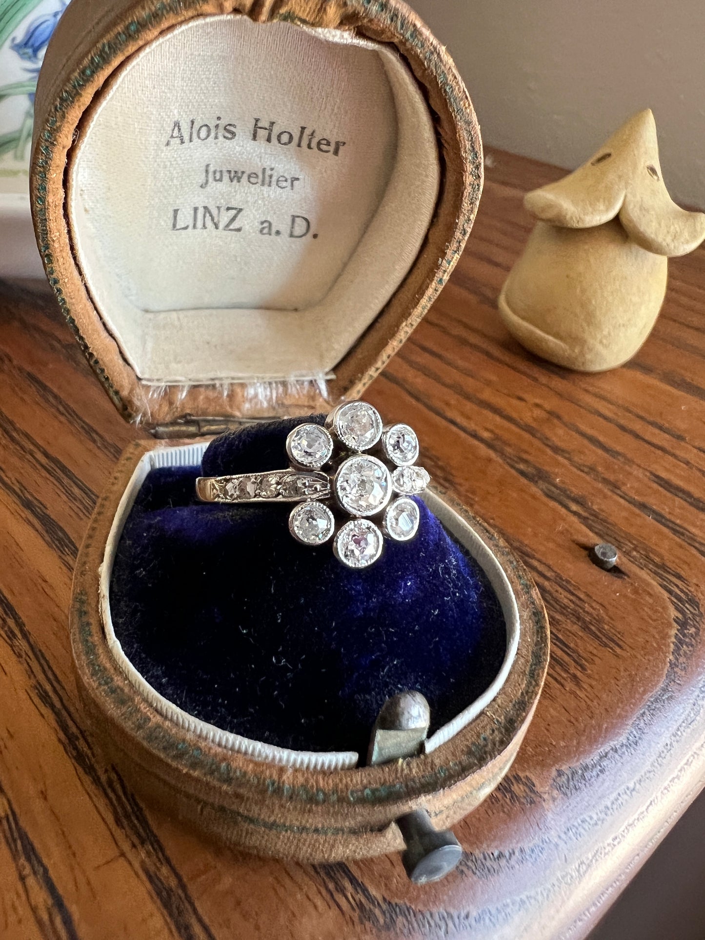 Unique 1 Carat Antique Rose & Old Mine Cut DIAMOND Seven Stone Cluster Ring 18k White Gold French Art Deco Bezel Set Halo