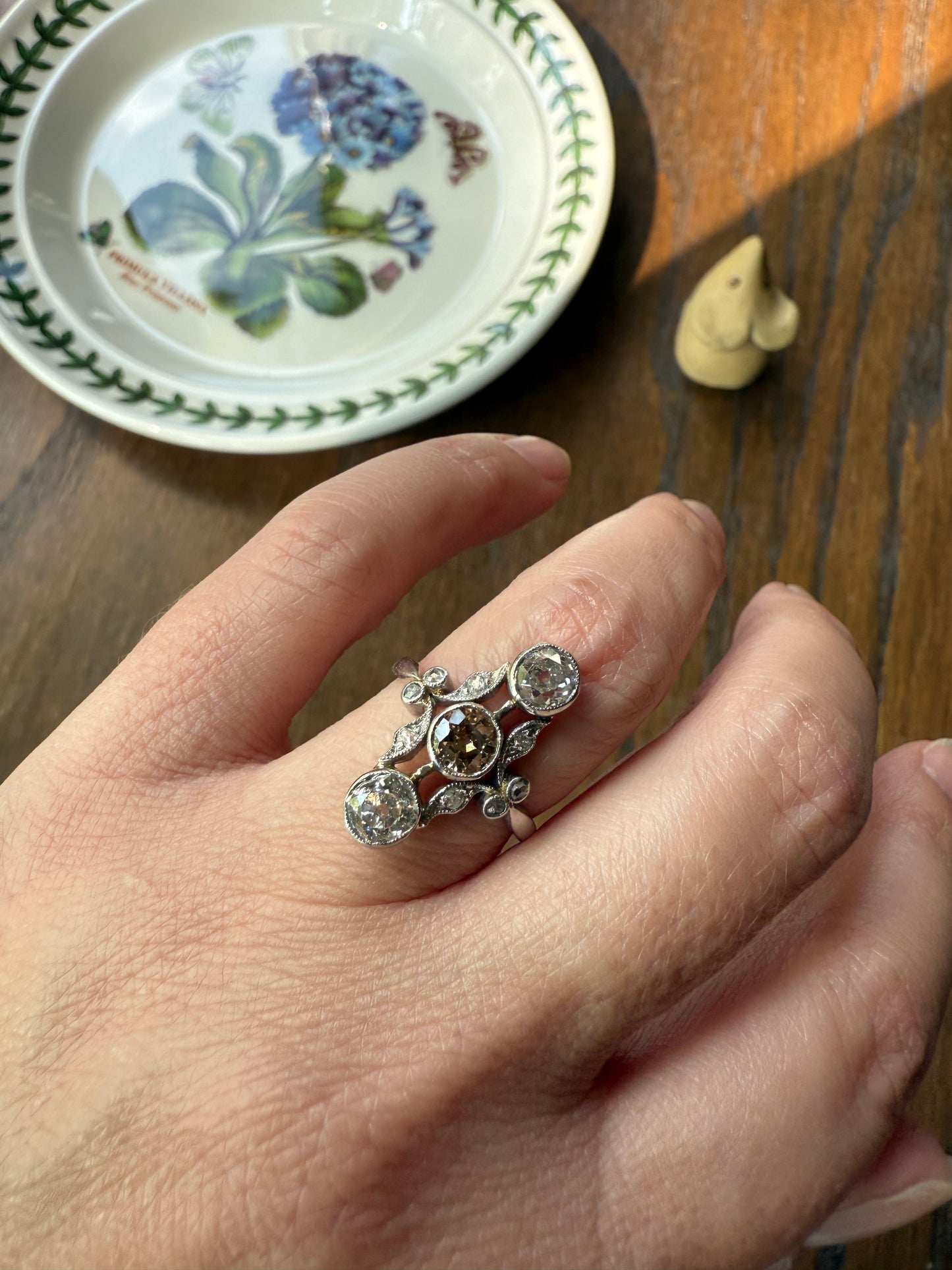 ORNATE Belle Epoque Antique 1.6 Carat Tdw Champagne Fancy Light Brown & White Three Stone Old Mine Cut Diamond Platinum Navette Ring Oval Victorian French