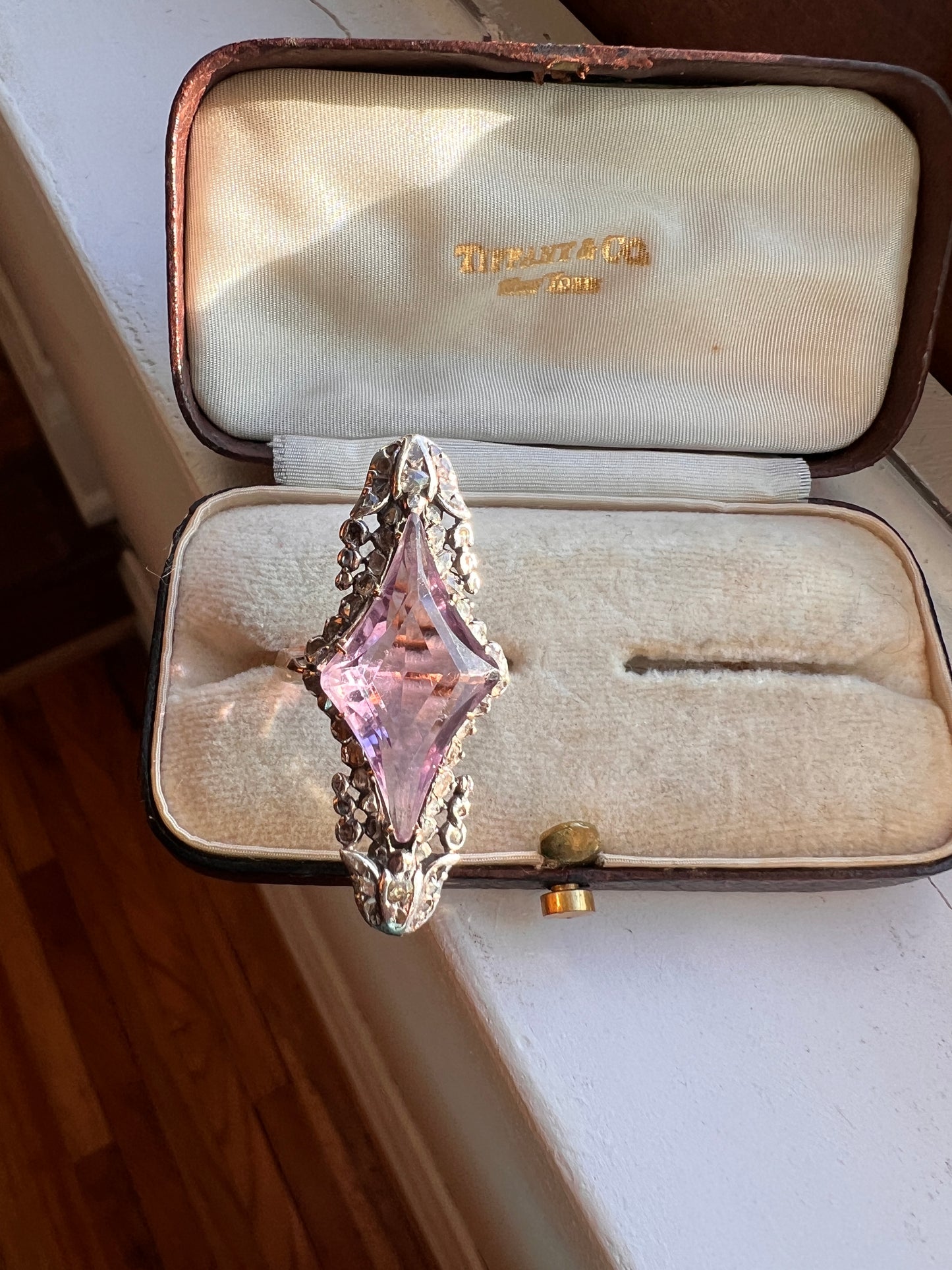 One of a Kind LARGE Flared Cut AMETHYST 62 Rose Cut DIAMONDS French Antique Ring Tulip Floral Garland 18k Rose Gold Silver
