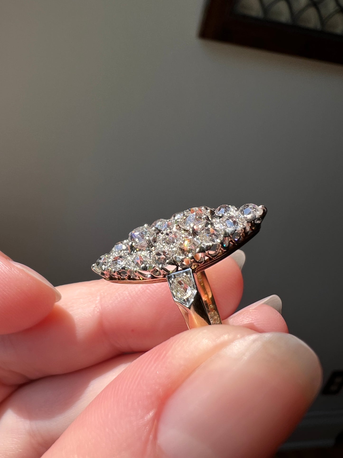 Unique Antique 1.75 Carat Old Mine Cut DIAMOND Toi et Moi Navette Cluster Ring French 18k Gold