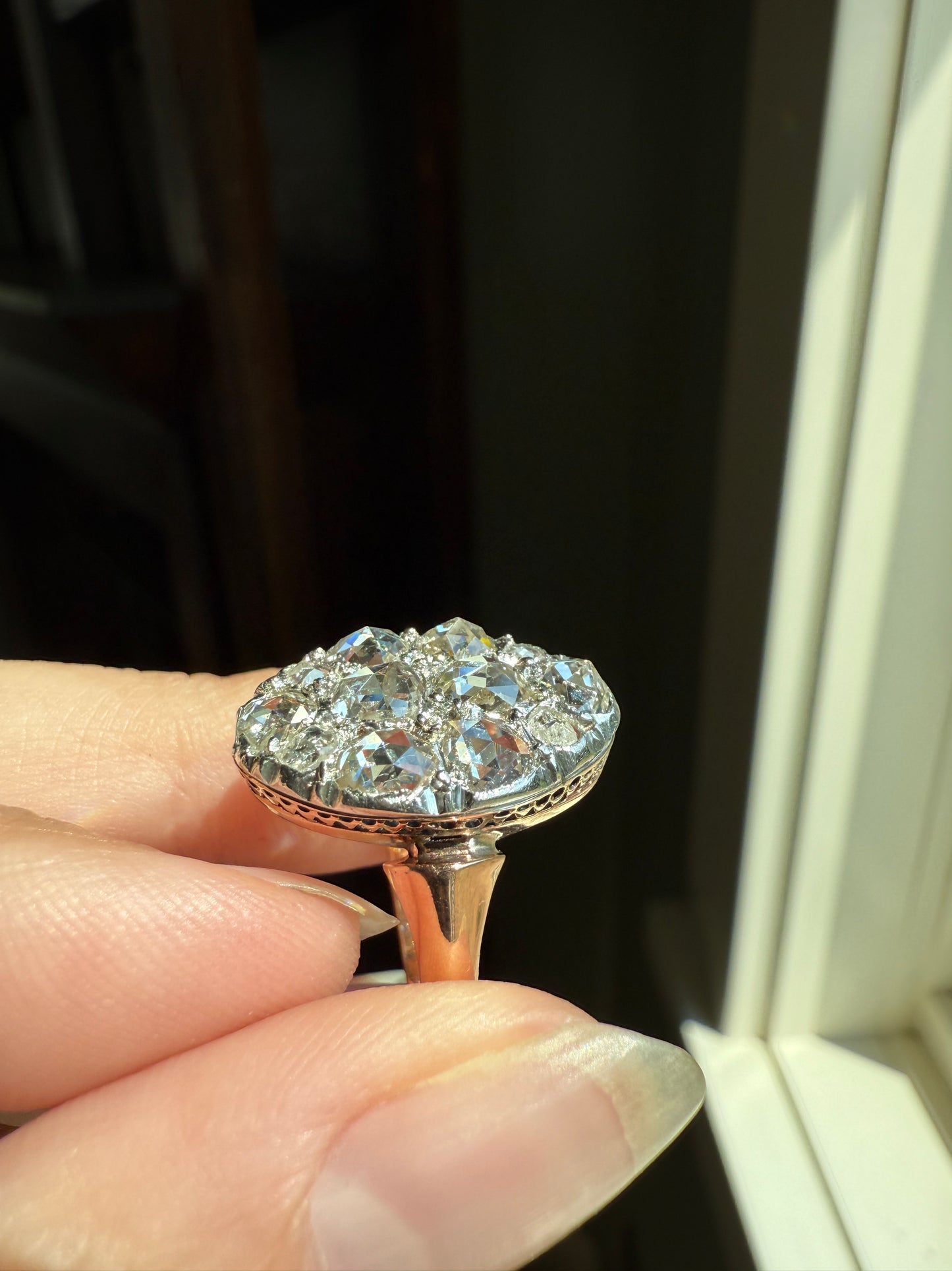 Extraordinary French Antique 3 Carat Scale Dutch Rose Cut DIAMOND 18k Gold Platinum Cluster Oval Stacker Rare Disco Ball Bauble