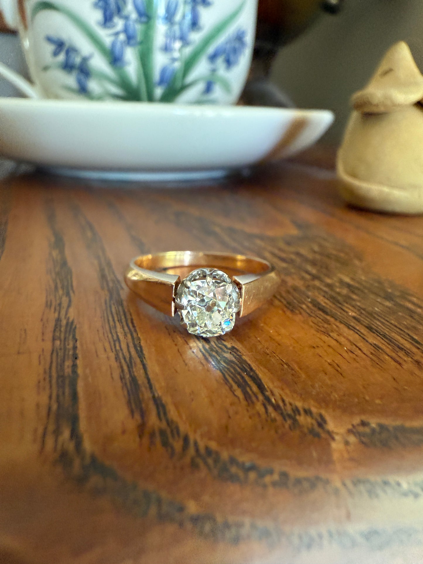 Classic Antique .75 Carat Eye Clean Old Mine Cut Diamond 18k Rosy Gold French Victorian Engagement Ring Solitaire Band Stacker