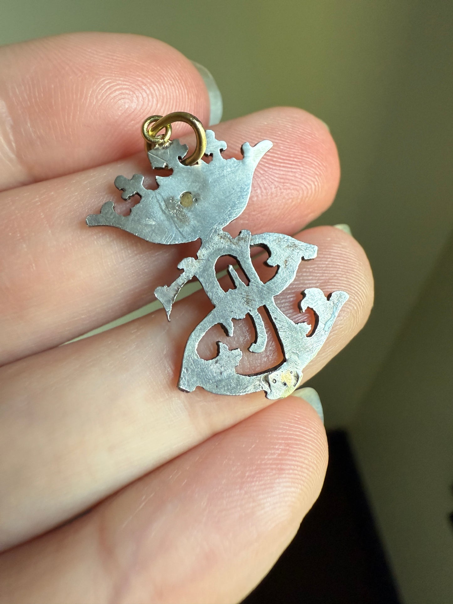 CROWN Figural Initial Pendant S E or F ? Solid Silver Vermeil Gold Plated Front Unique Charm Hand Engraved Openwork Detail