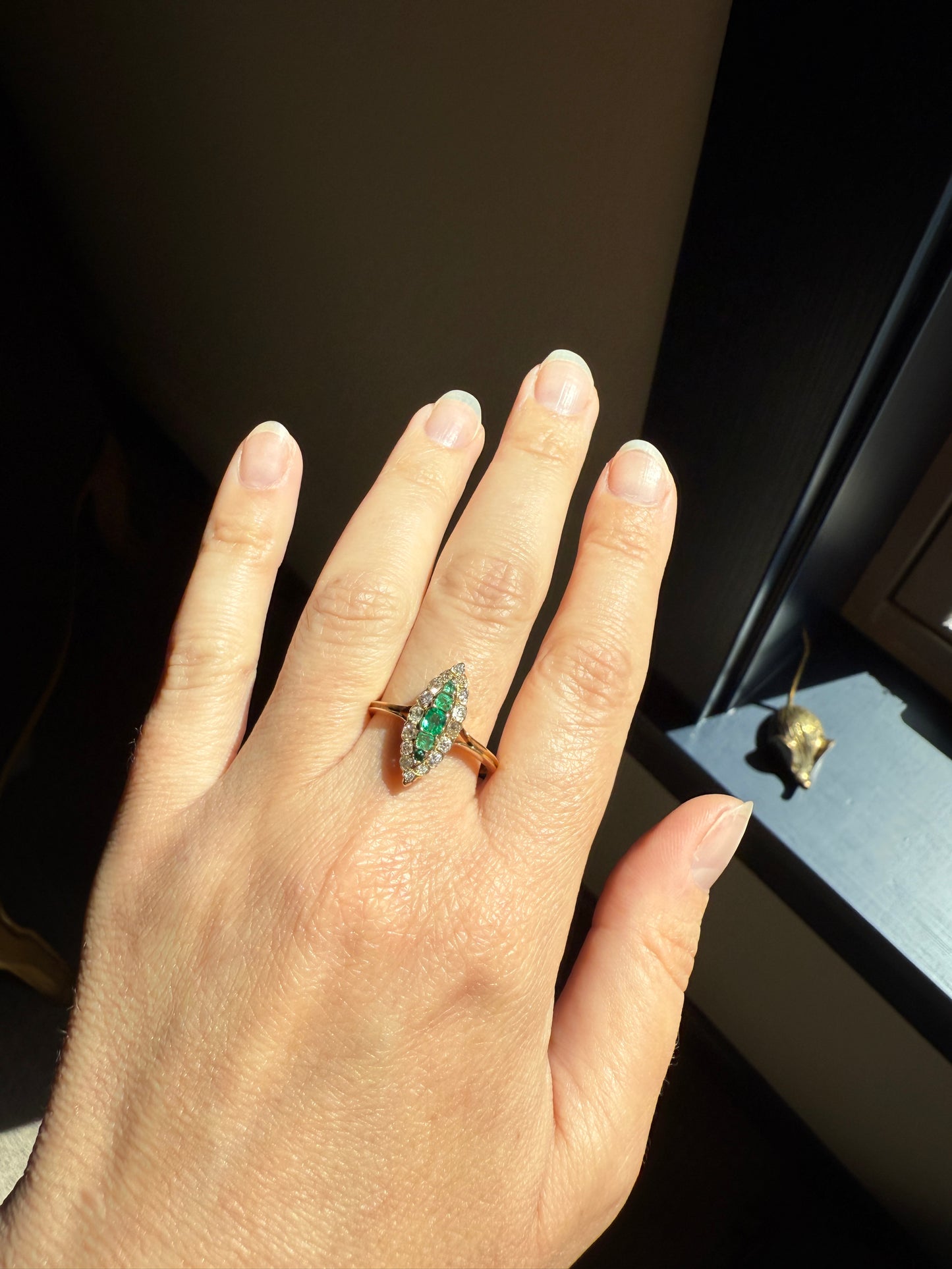 Emerald Five Stone Antique Old Mine Cut DIAMOND Halo Navette Ring 18k Gold Skinny Green Sparkle Stacker Victorian