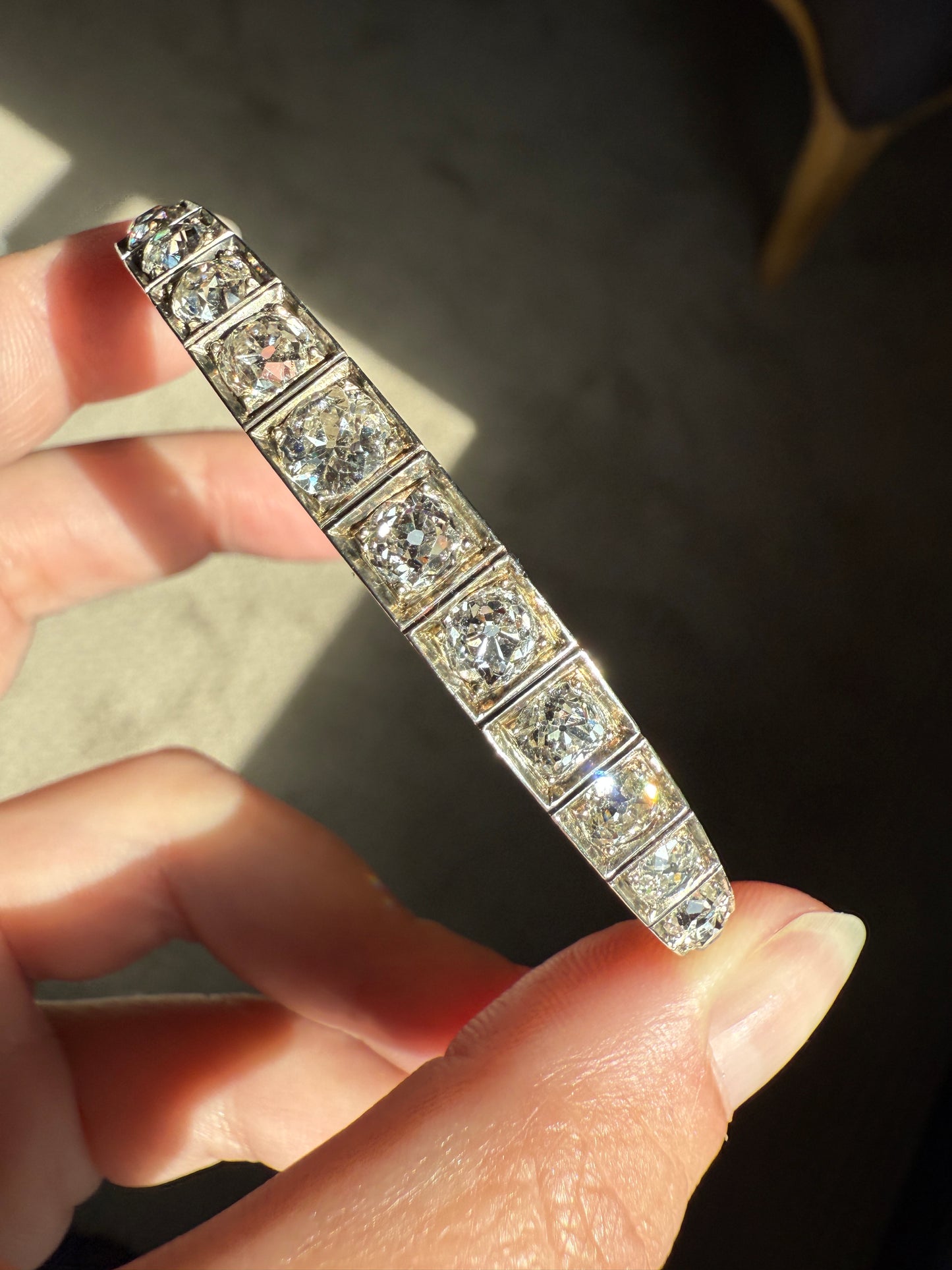 Antique 6.5 CARAT Old Mine Cut DIAMOND Hinged Bangle Line Bracelet 18k Gold Silver Top