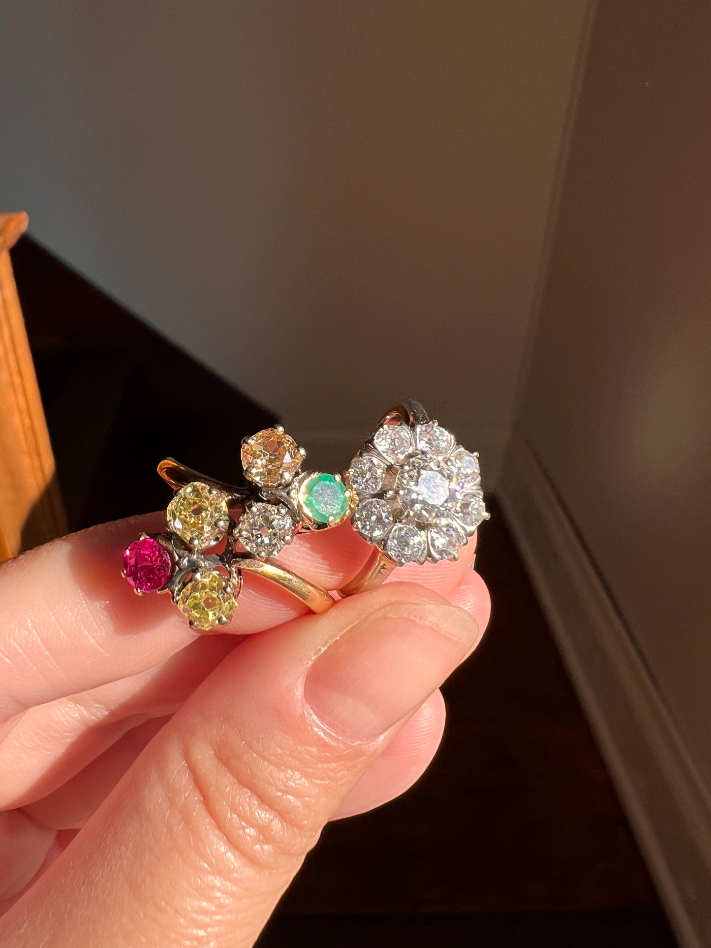 French Antique 1.4 Carat Old Mine Cut DIAMOND Ring PLATINUM Halo Cluster Stacker Daisy Engagement OmC Gift