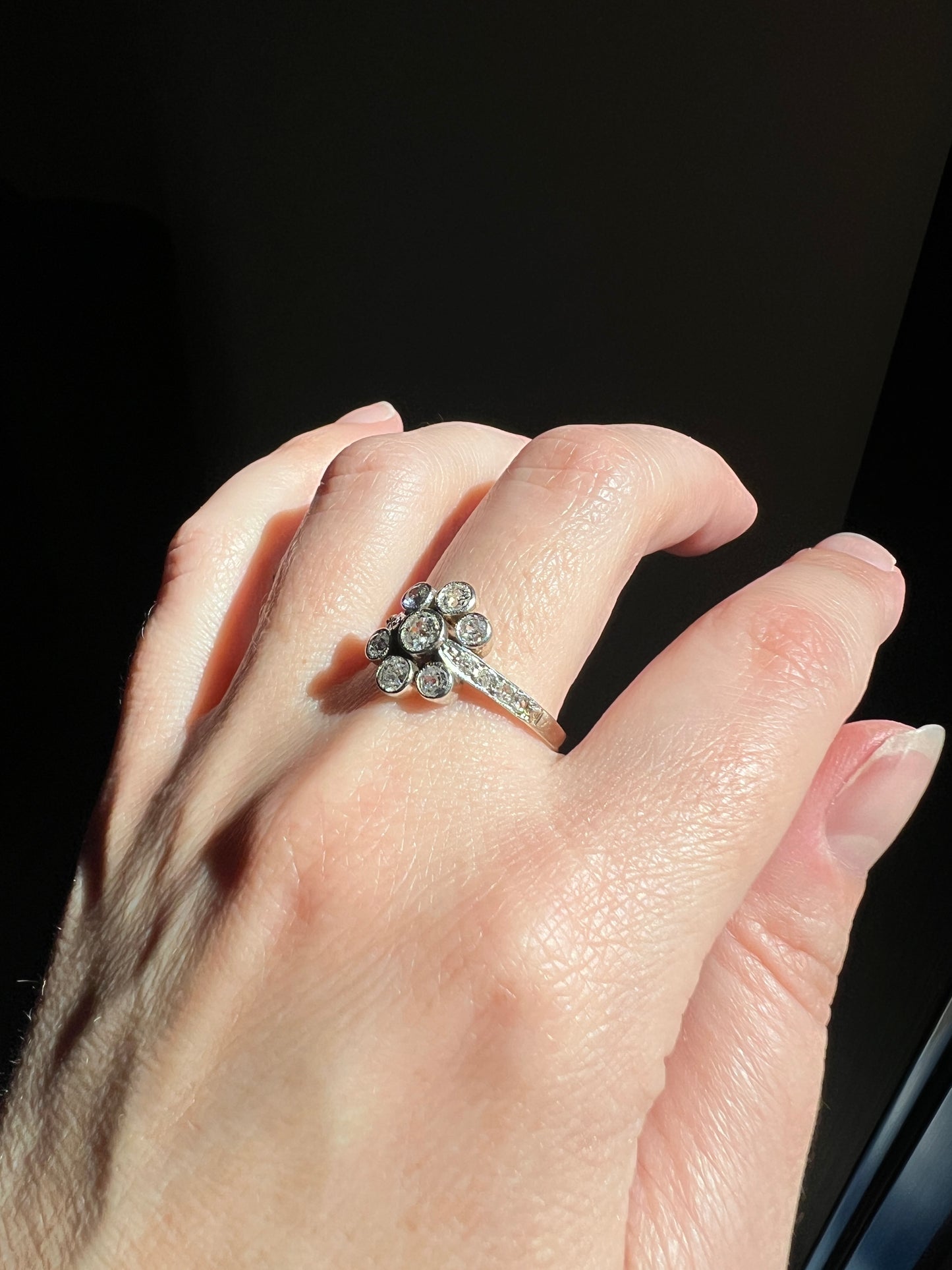 Unique 1 Carat Antique Rose & Old Mine Cut DIAMOND Seven Stone Cluster Ring 18k White Gold French Art Deco Bezel Set Halo