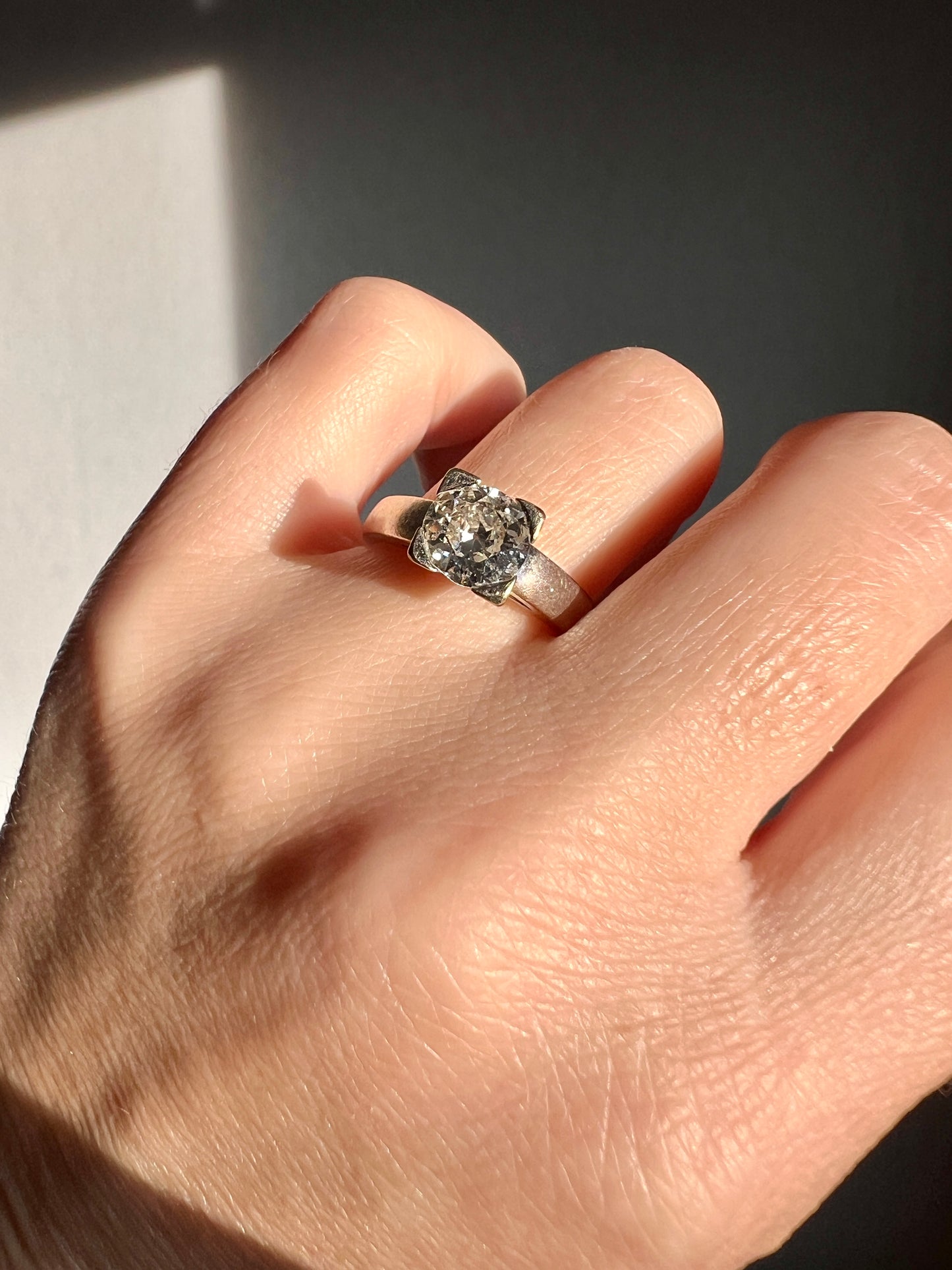 Chunky Antique 1.1 CARAT Eye CLEAN Old European Cut DIAMOND Square Setting Solitaire Engagement Ring 18k White Gold
