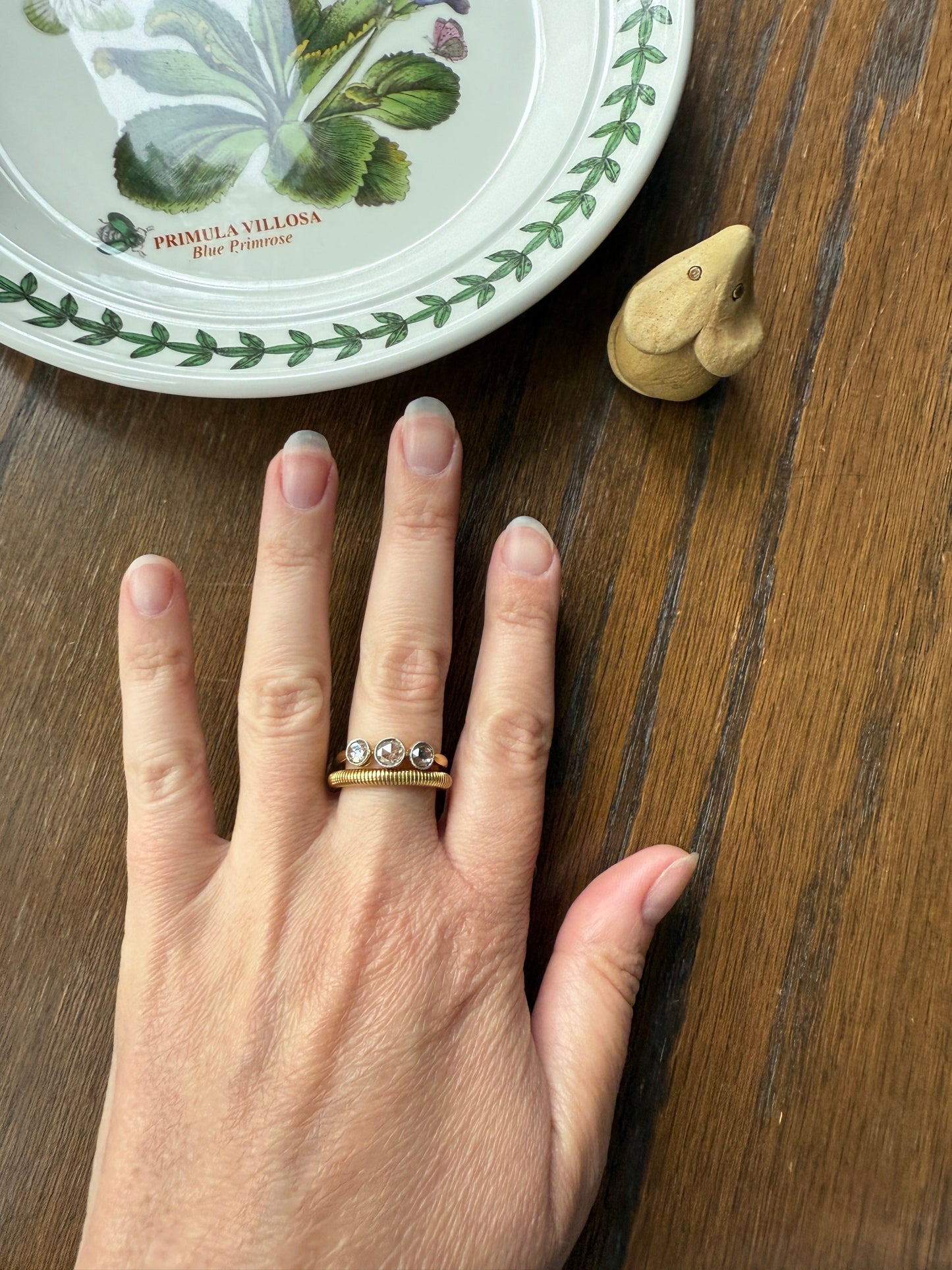 Antique Eye Clean Rose Cut DIAMOND Three Stone Ring Stackable Band Open Back 18k Gold Bezel Set