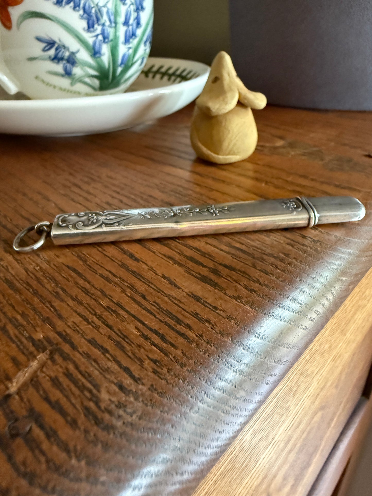 Floral Solid Silver French Chatelaine Pencil Needle Case Pendant
