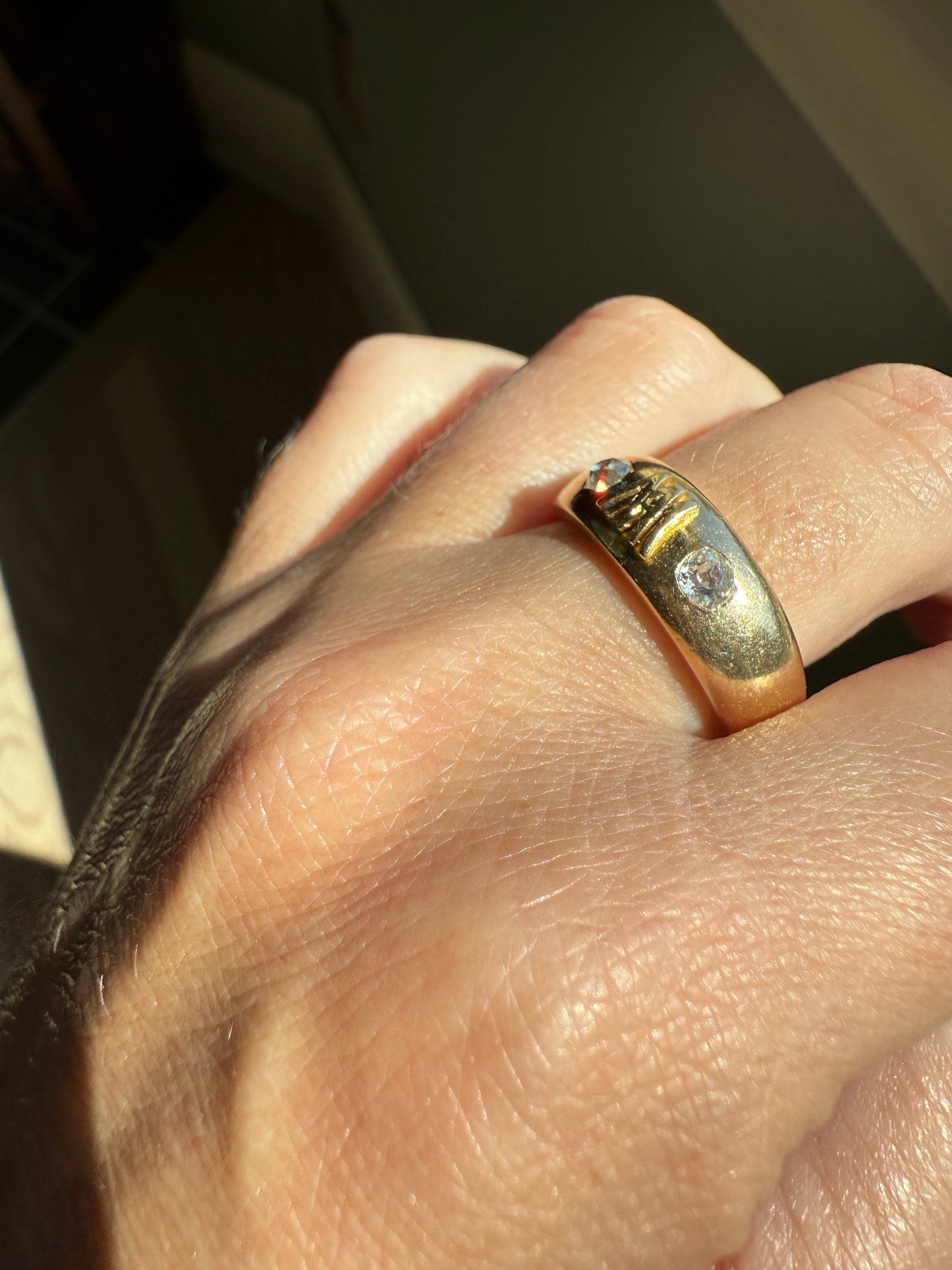 Heavy AM W Old Mine Cut Diamond Gypsy Ring 9.3g 18k Gold Band Solid Chunky Figural Initial Monogram Ring Stacker Man Or Unisex .4 Carat OMC