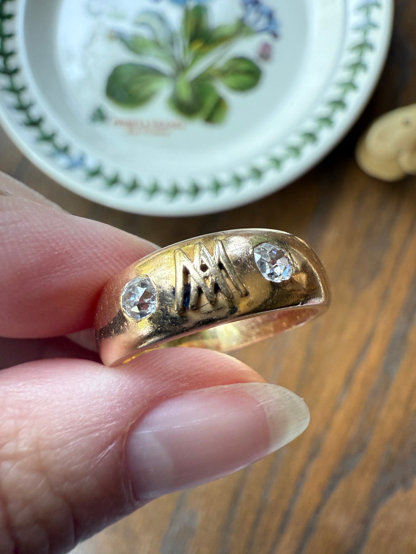 Heavy AM W Old Mine Cut Diamond Gypsy Ring 9.3g 18k Gold Band Solid Chunky Figural Initial Monogram Ring Stacker Man Or Unisex .4 Carat OMC