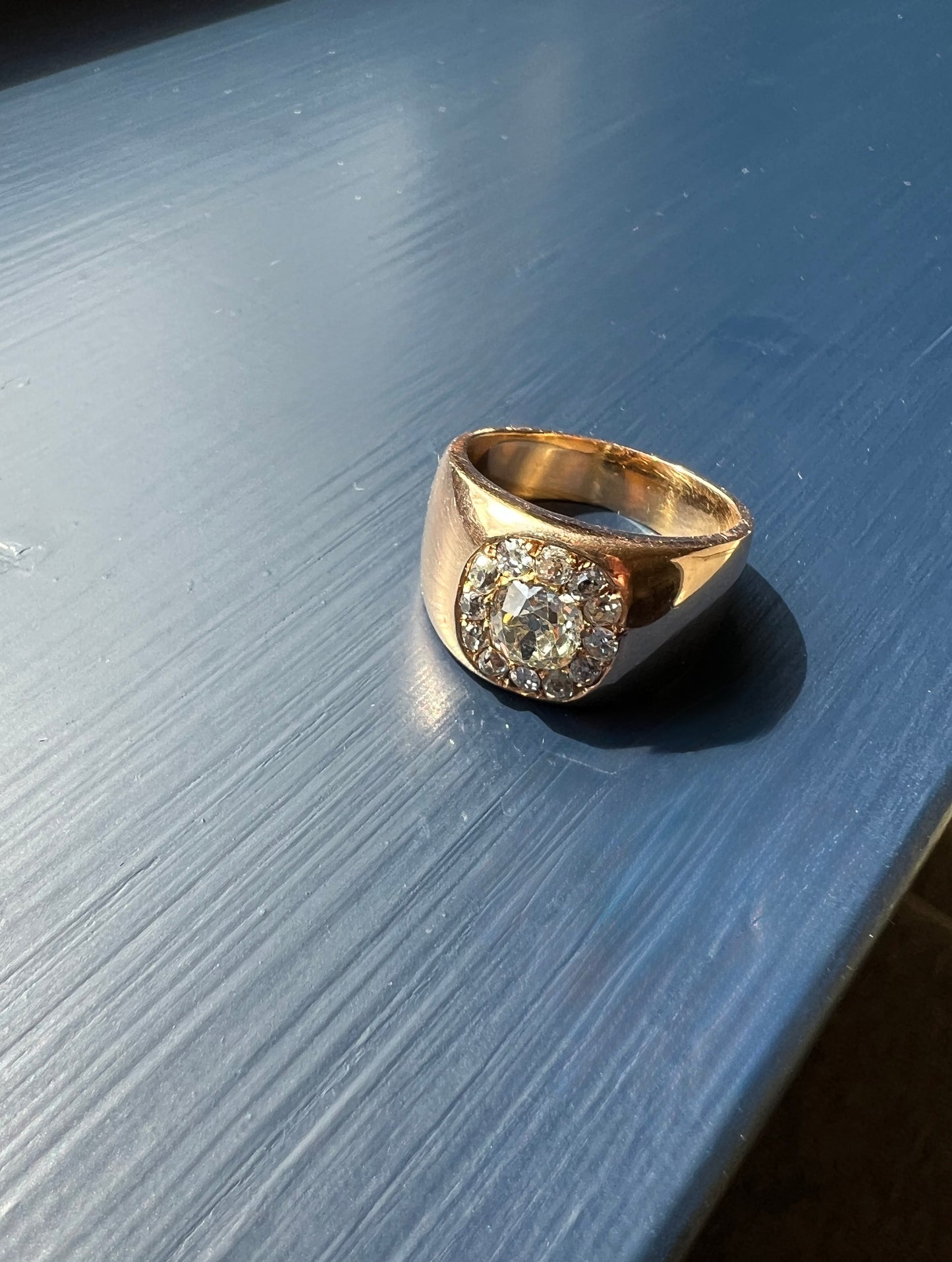 ANTIQUE 1 1/4 Carat Eye Clean Old Mine Cut DIAMONDS Chunky 18k Gold 12mm Wide Cigar Band Cluster Halo Ring French Cobblestone