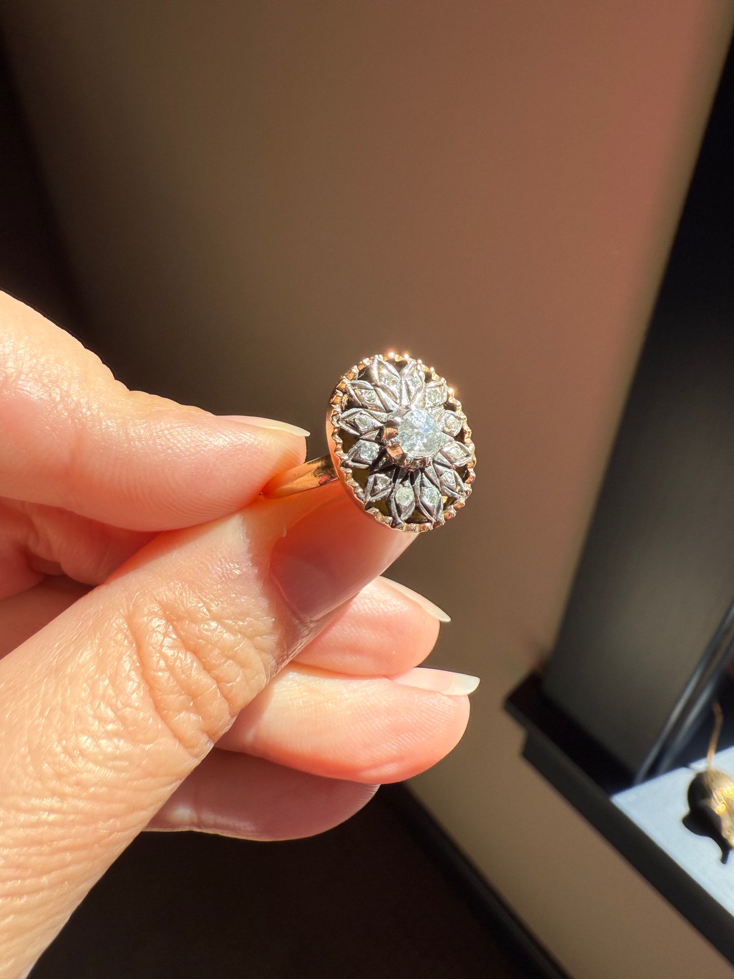 Georgian Era Antique Spanish Iberian Rose Cut Diamond Ring Oval Floral Sunburst Cupped Domed Back 18k Gold Silver