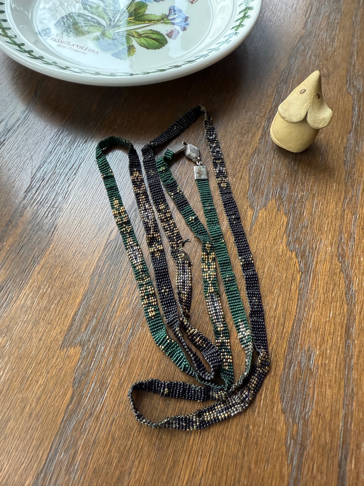 Victorian Antique Emerald Green Black and Gold Intricate Hand Beaded Long Chain Wide Ribbon Flapper Style