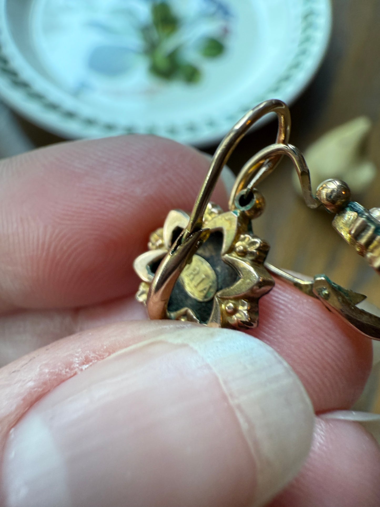 Dormeuse Dangle Earrings French ANTIQUE " Oria " Brand Pearl Green & Rose Gold Fill Star Burst Ball Rivet Bead Floral