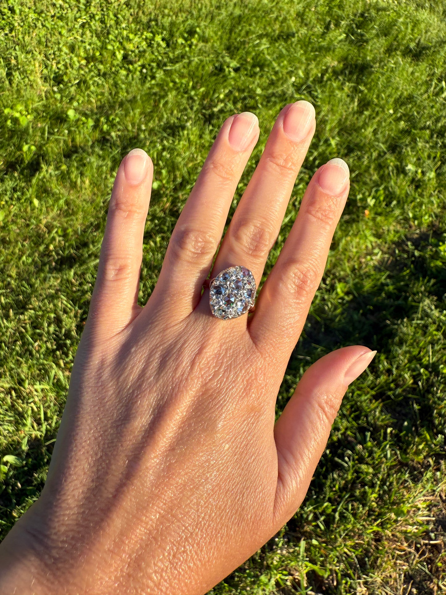 Extraordinary French Antique 3 Carat Scale Dutch Rose Cut DIAMOND 18k Gold Platinum Cluster Oval Stacker Rare Disco Ball Bauble