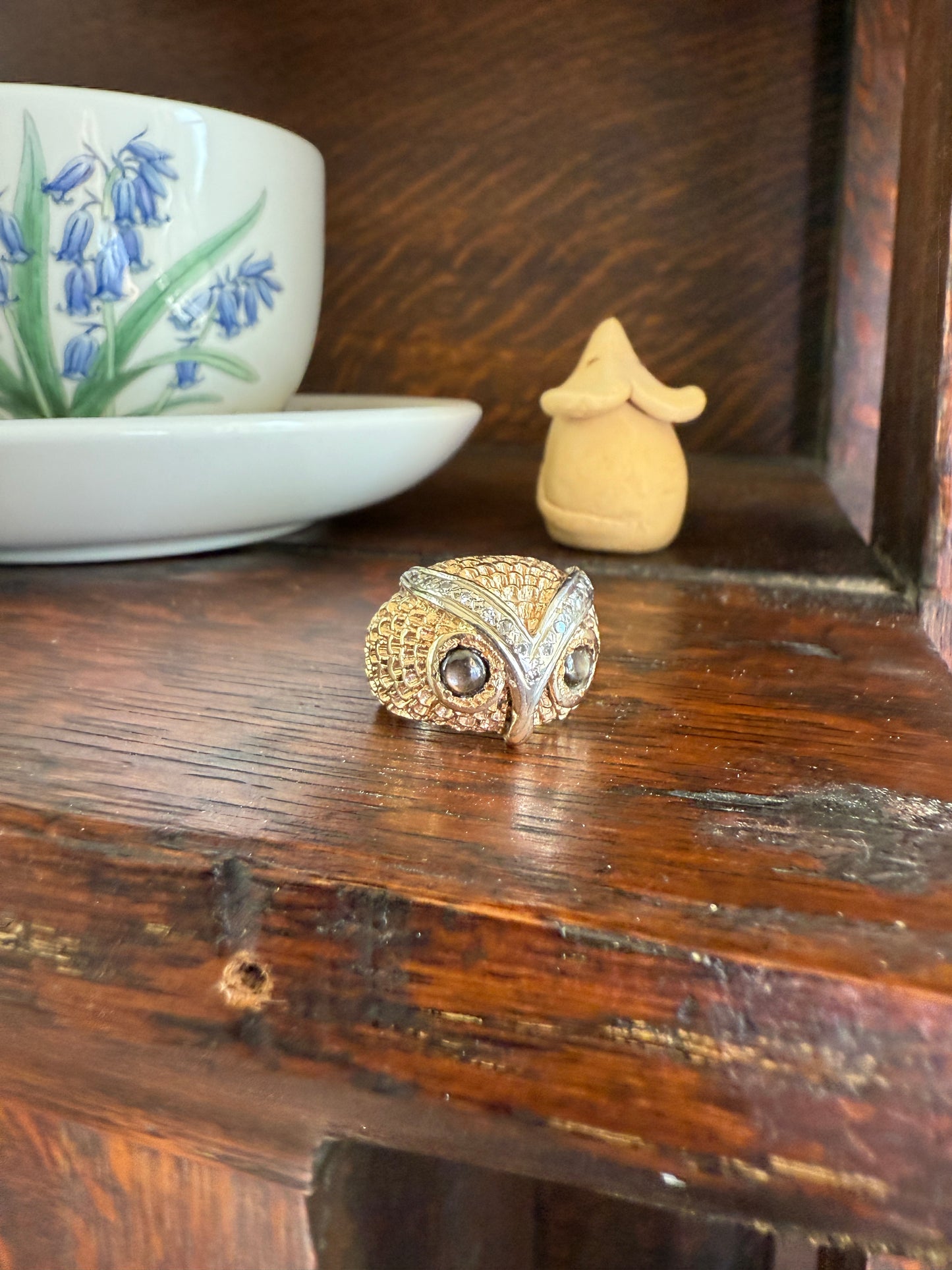 OWL Vintage Figural HEAVY 12.7g 14k Gold Ring Cat's Eye Gray Chrysoberyl Eyes Two Tone Diamond Accents Domed Chunky Unisex Statement Wisdom
