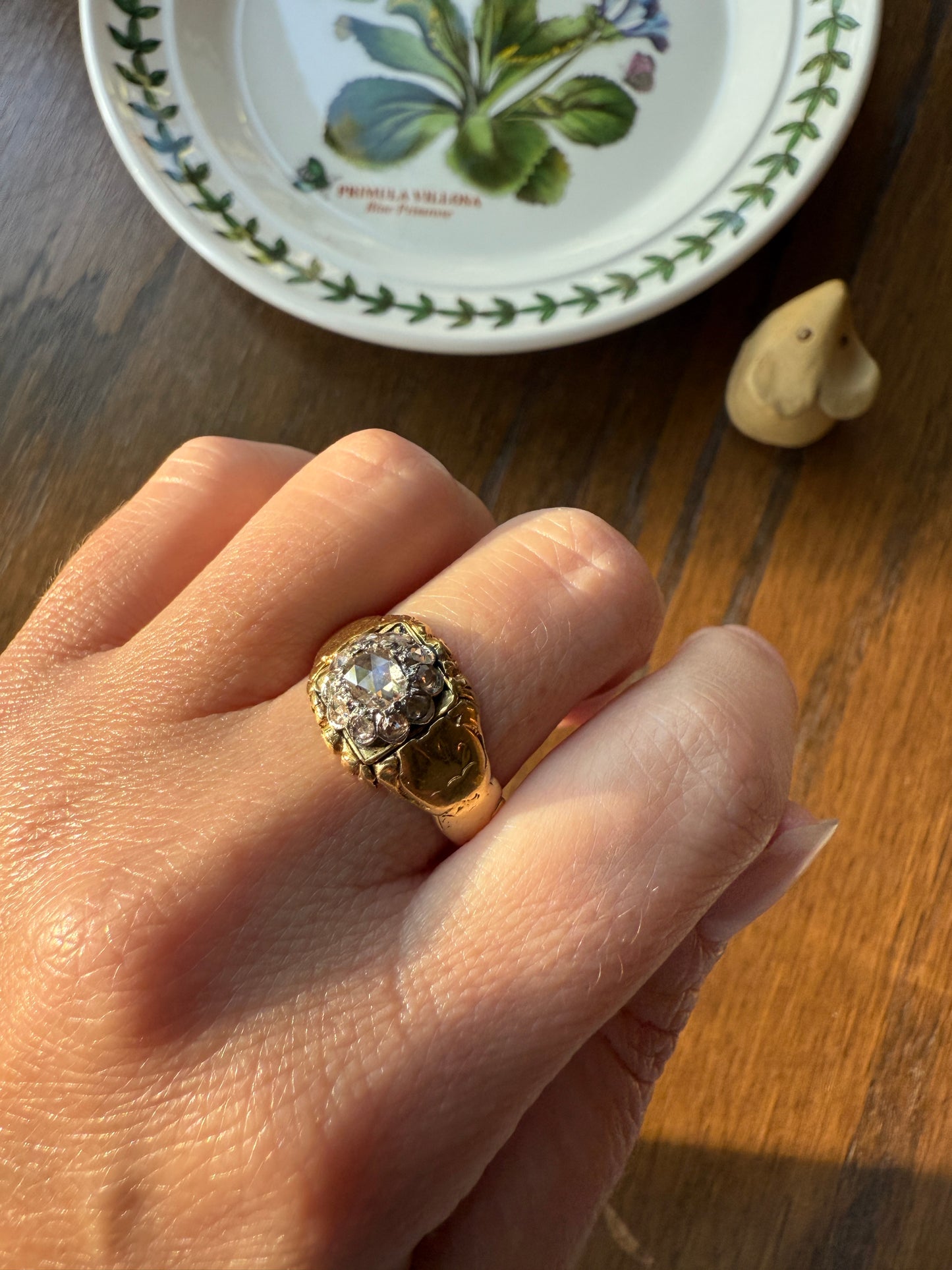 Chunky ANTIQUE Rose Cut Diamond Daisy Cluster Wide Band Heavy 18k Gold Gypsy Georgian Victorian Signet Man or Unisex Face Up 1 Carat Pink