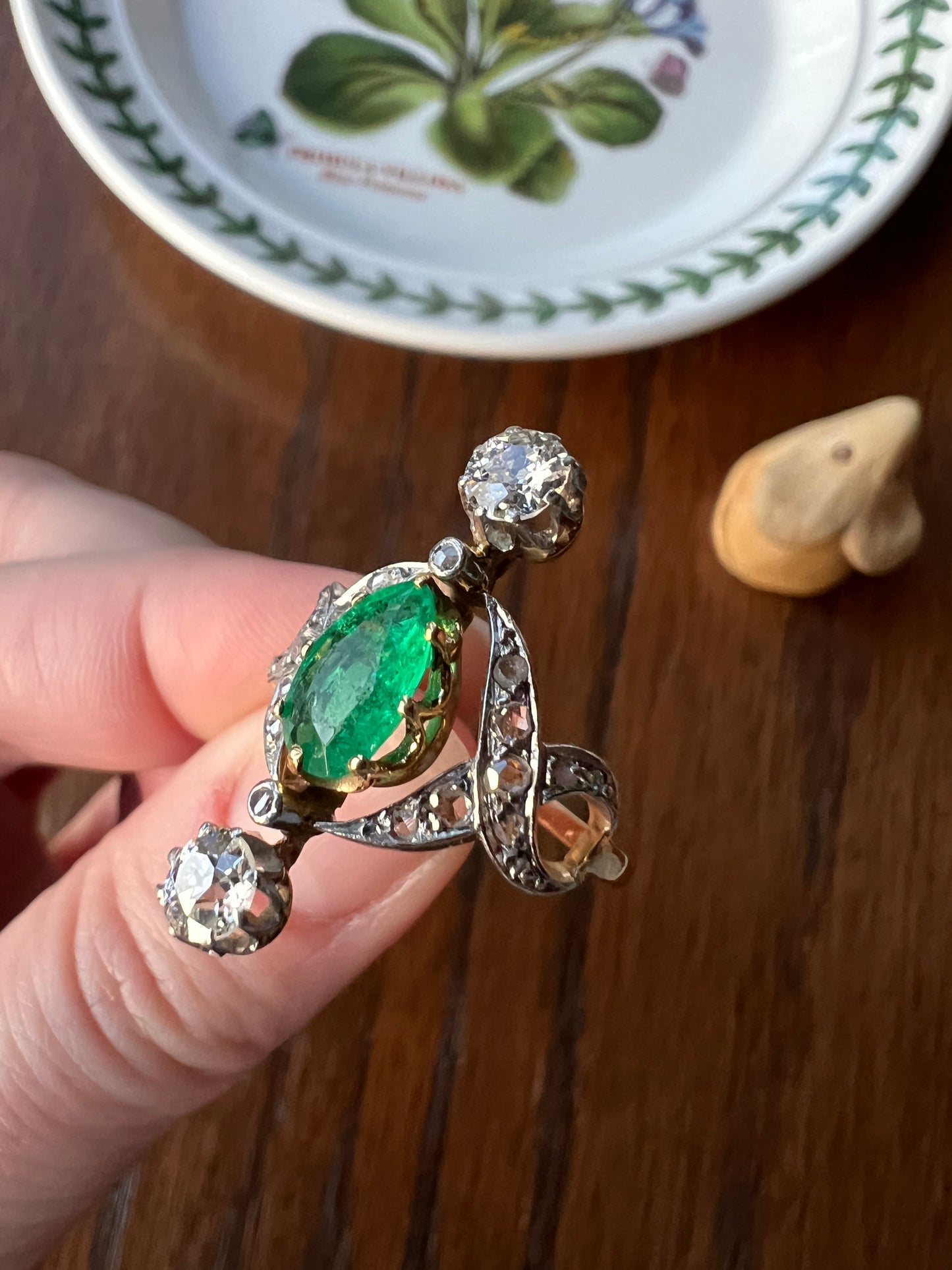 Antique Belle Epoque Pear EMERALD 1.5 Carat Rose Old Mine Cut Diamond XL Swirl Ring French 18k Gold