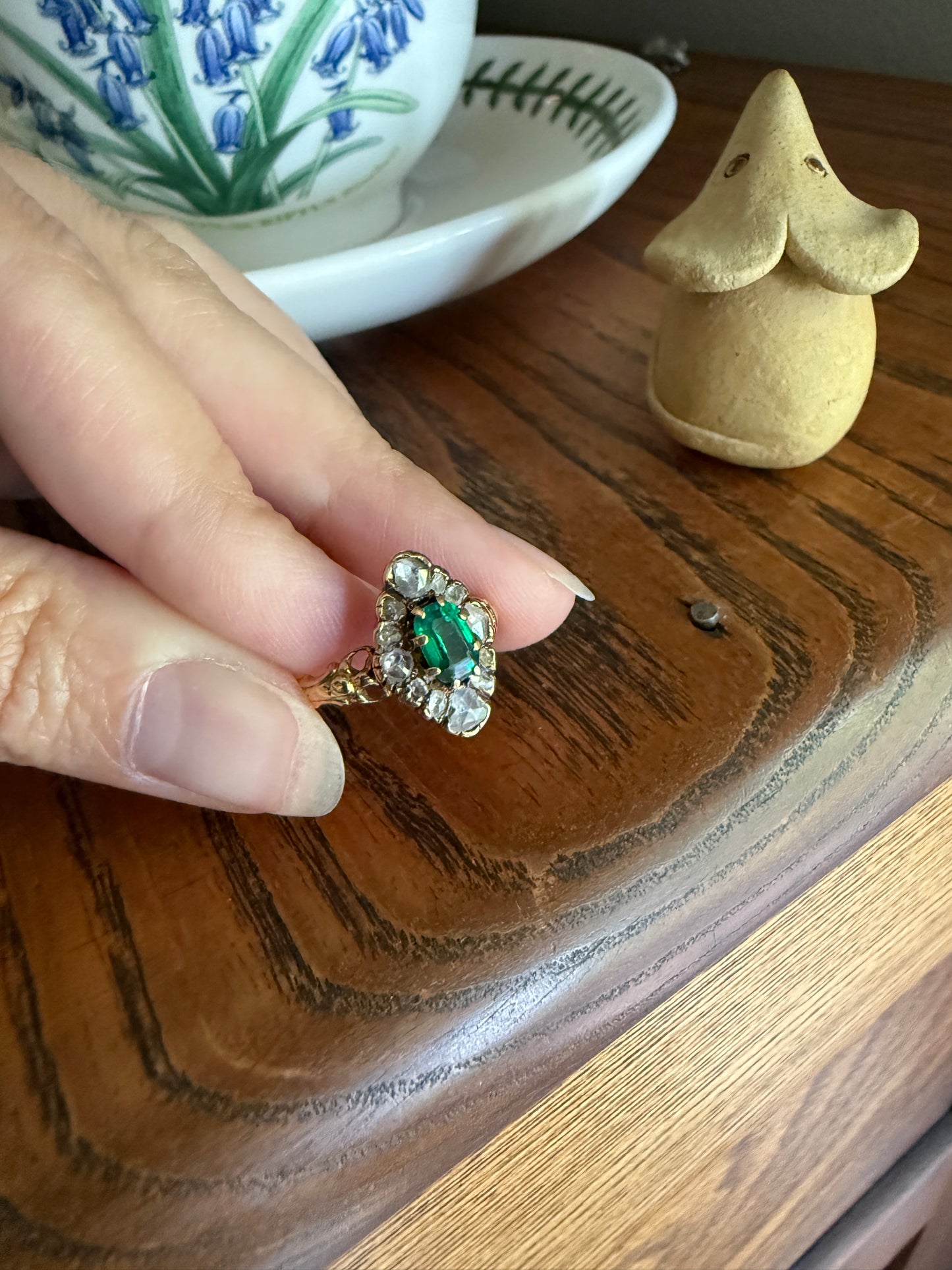 BOWS Green Spinel Rose Cut DIAMOND Cluster Halo French Antique Ring 18k Gold Victorian Art Nouveau Belle Epoque